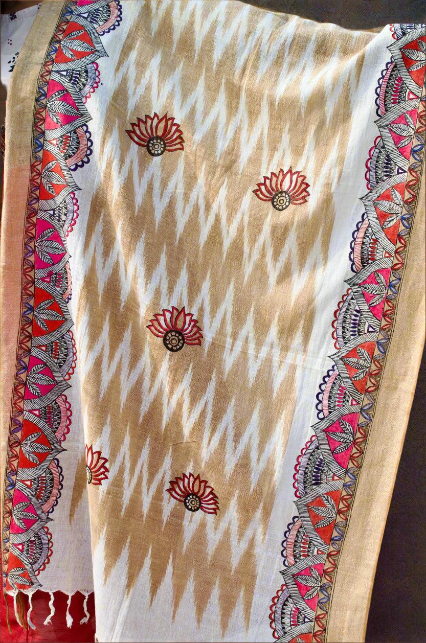 Madhubani Hand-Painted Dupatta - Handwoven Bhagalpuri Cotton with Ikkat Design - Multicolor - Pinaachi