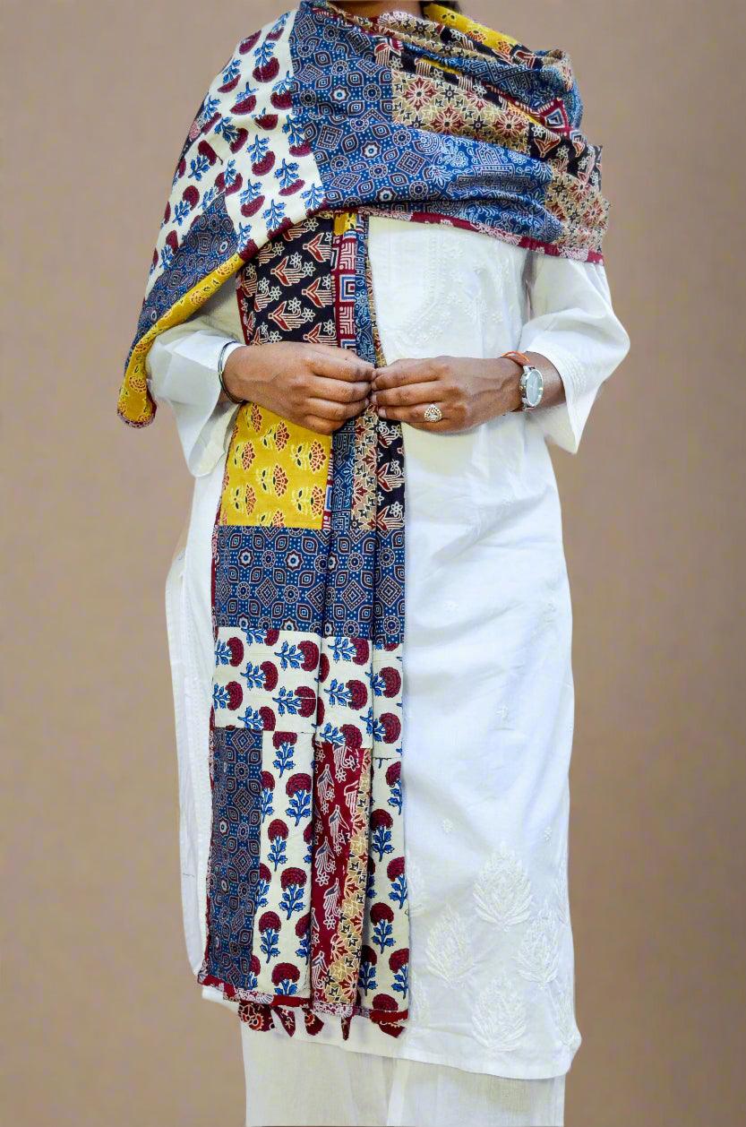 Raagmala - Multicolored Patch Work & Hand Block Print Pure Cotton Ajrakh Dupatta - Pinaachi
