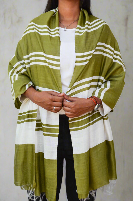 Unisex Olive Green Offbeat Striped Handwoven Cotton Silk Stole