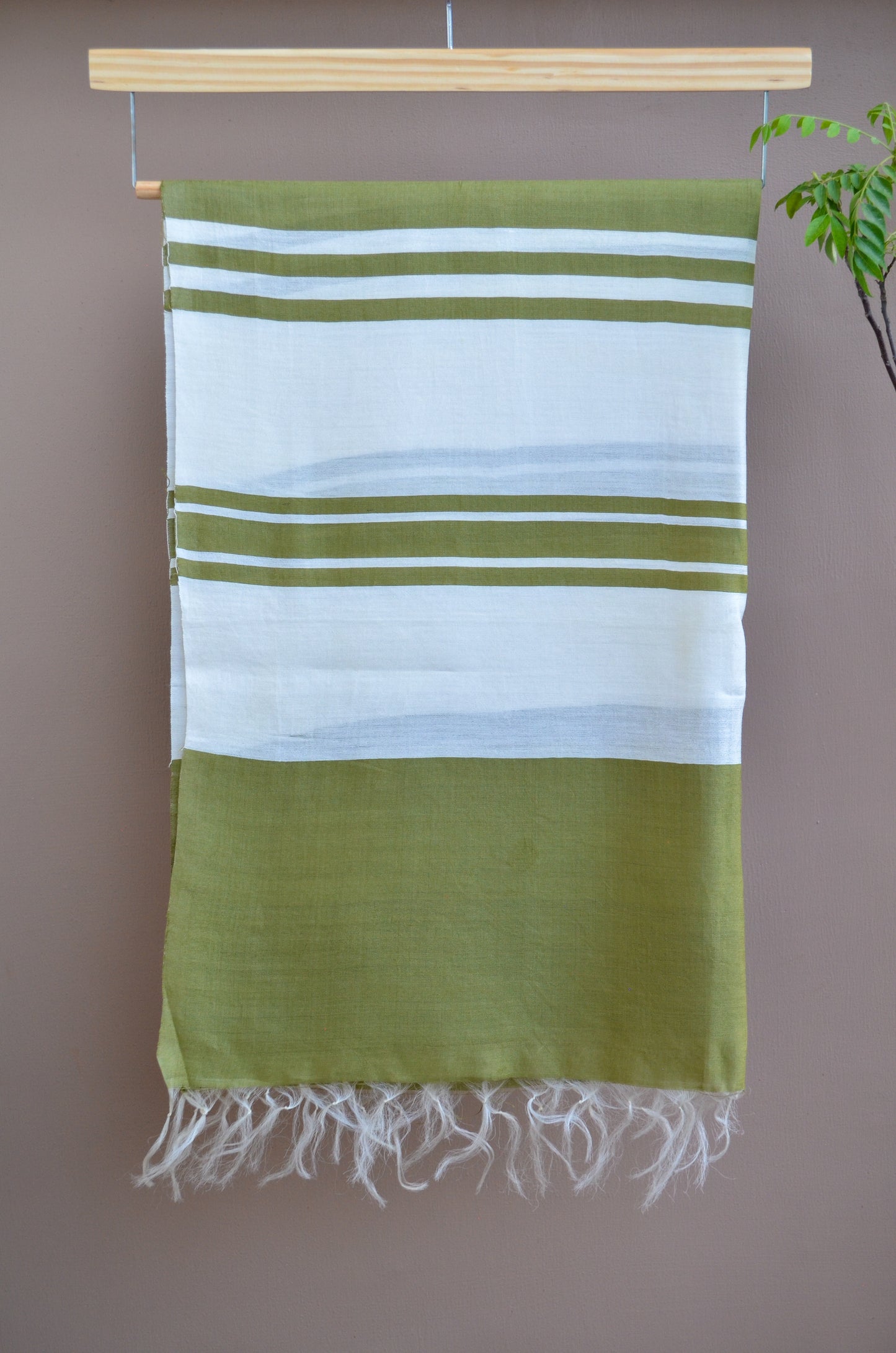 Unisex Olive Green Offbeat Striped Handwoven Cotton Silk Stole