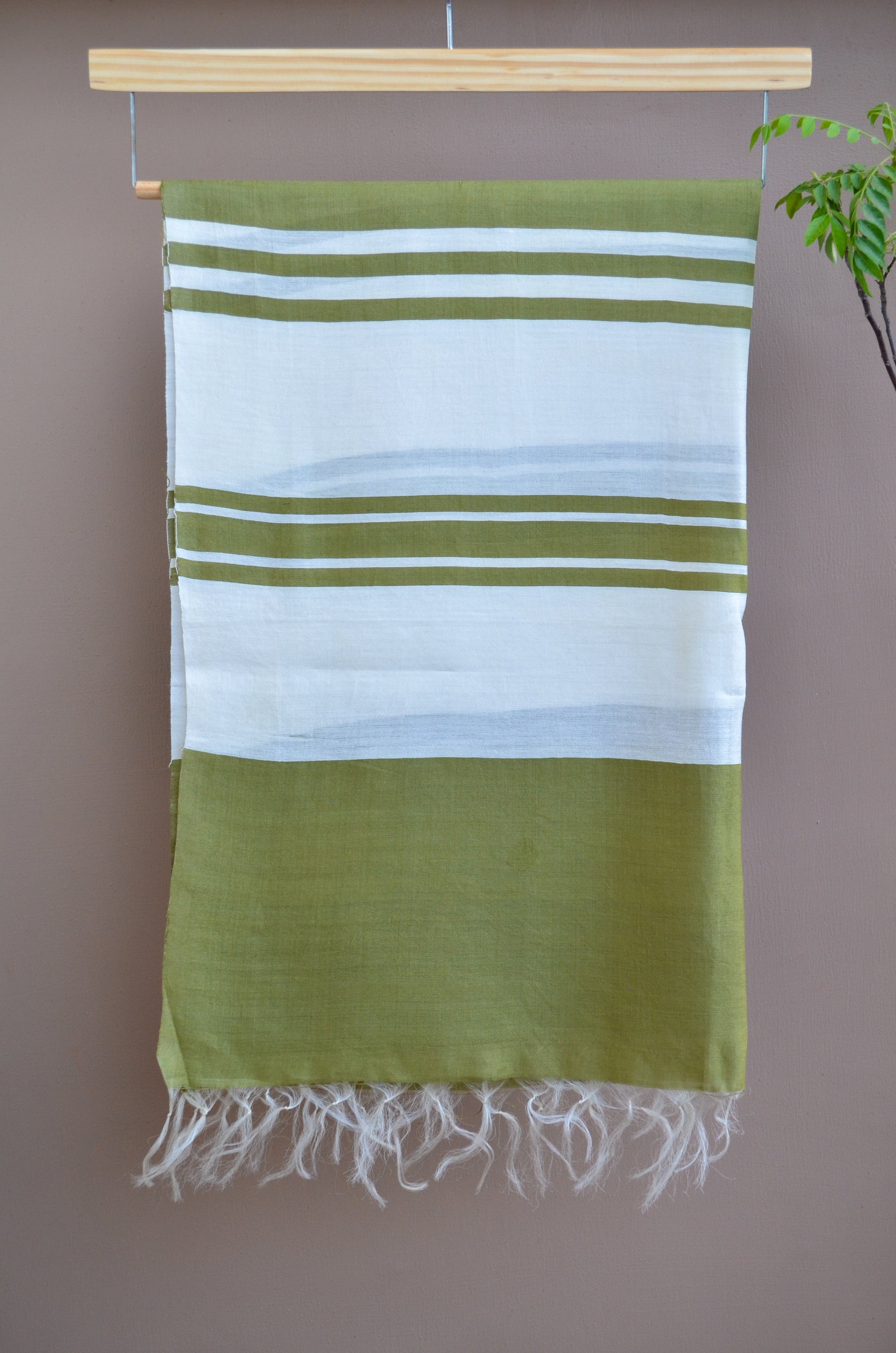 Unisex Olive Green Offbeat Striped Handwoven Cotton Silk Stole