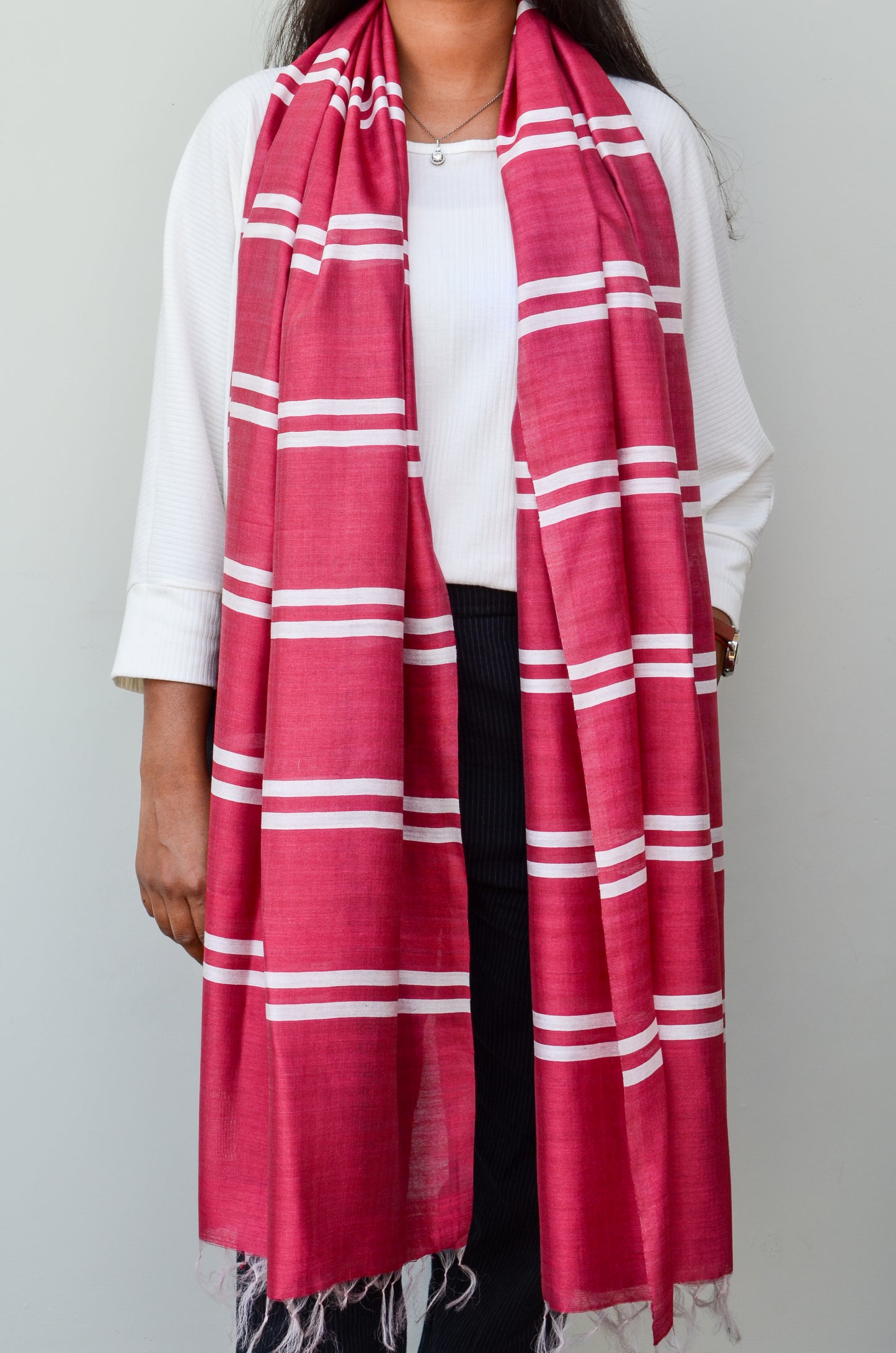 Unisex Deep Maroon Classic Striped Handwoven Cotton Silk Stole