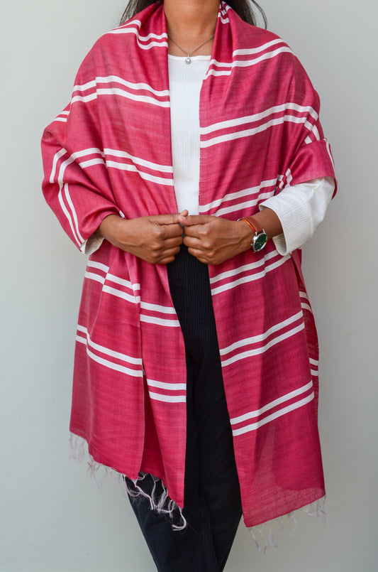 Unisex Deep Maroon Classic Striped Handwoven Cotton Silk Stole