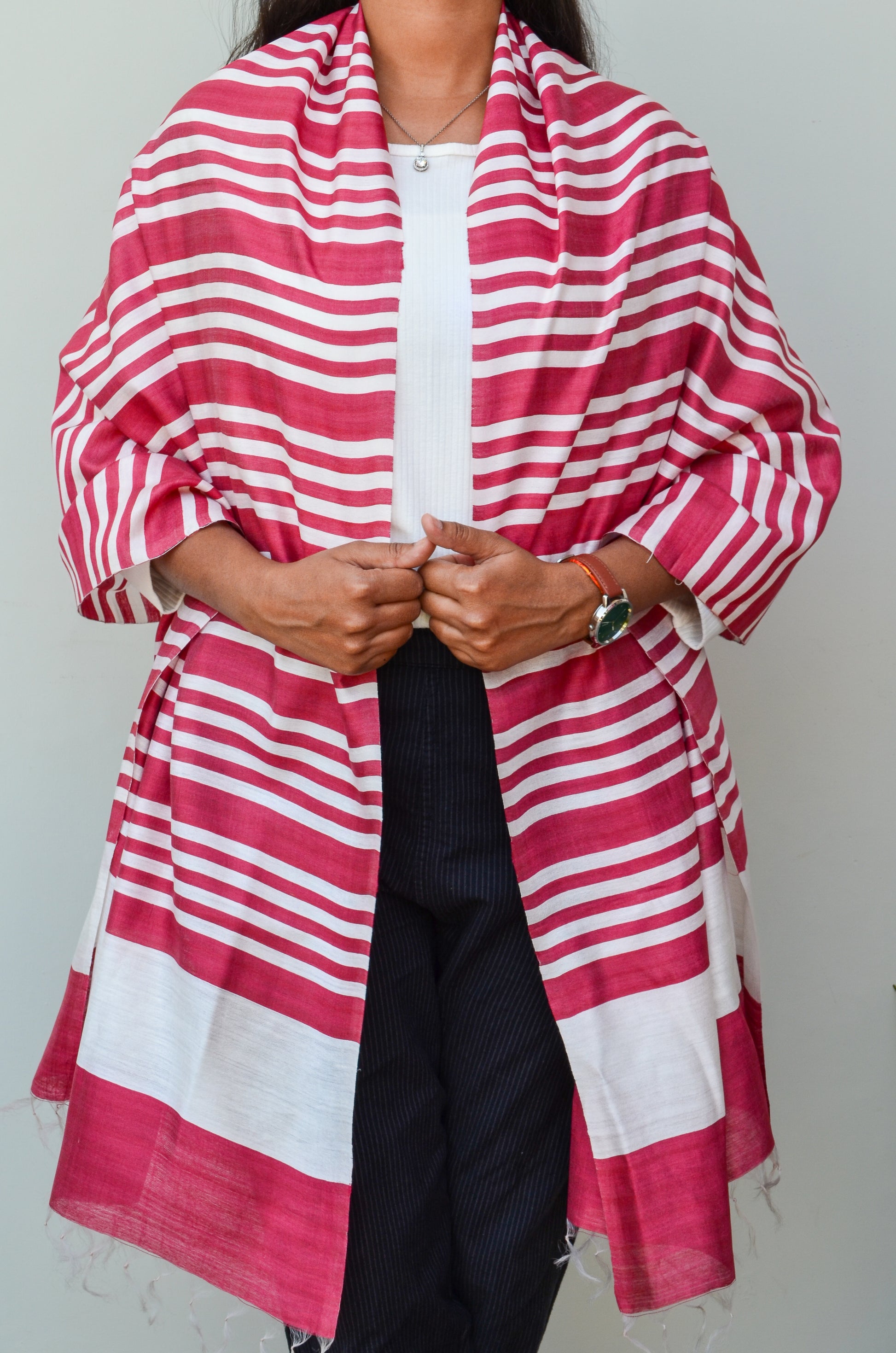 Unisex Deep Maroon Fine Striped Handwoven Cotton Silk Stole