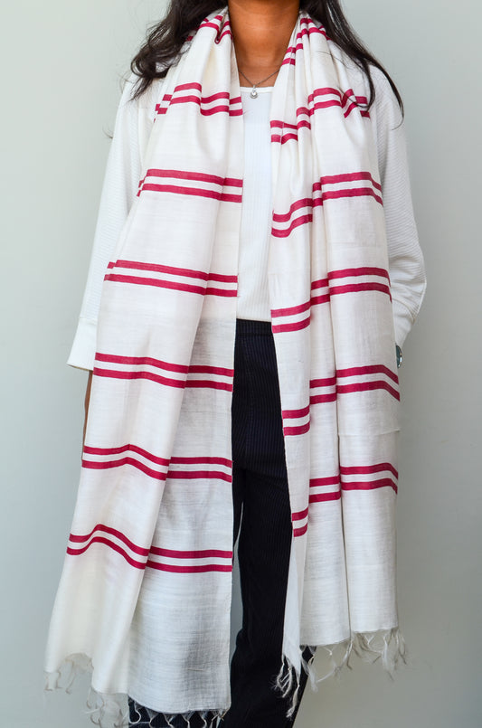 Unisex Deep Maroon Striped Handwoven Cotton Silk Stole