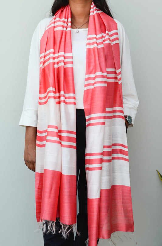 Unisex Coral Pink Offbeat Striped Handwoven Cotton Silk Stole