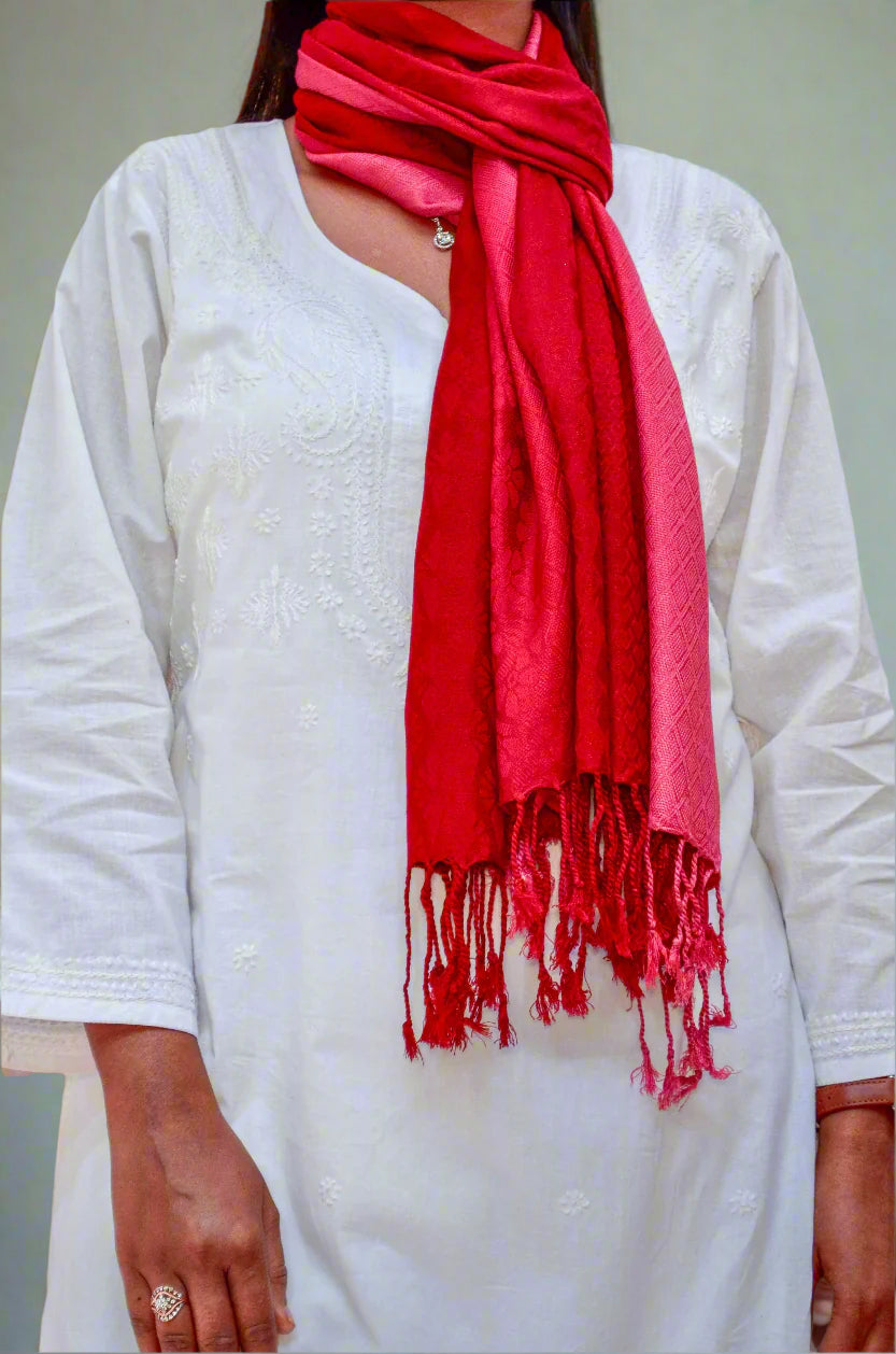 Rose Tide - Red Gradient Jacquard Stole - Pinaachi