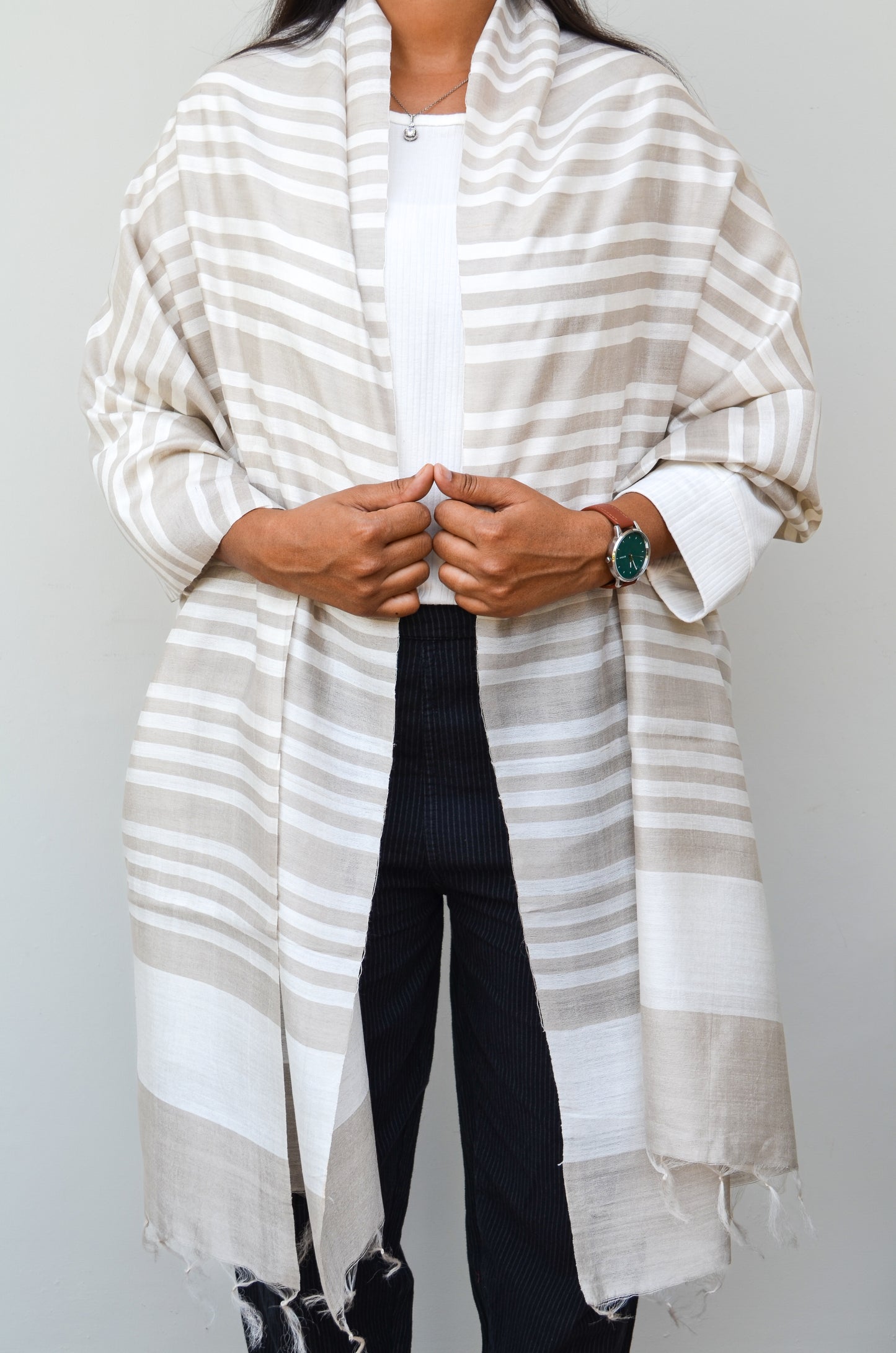 Unisex Gray Fine Striped Handwoven Cotton Silk Stole