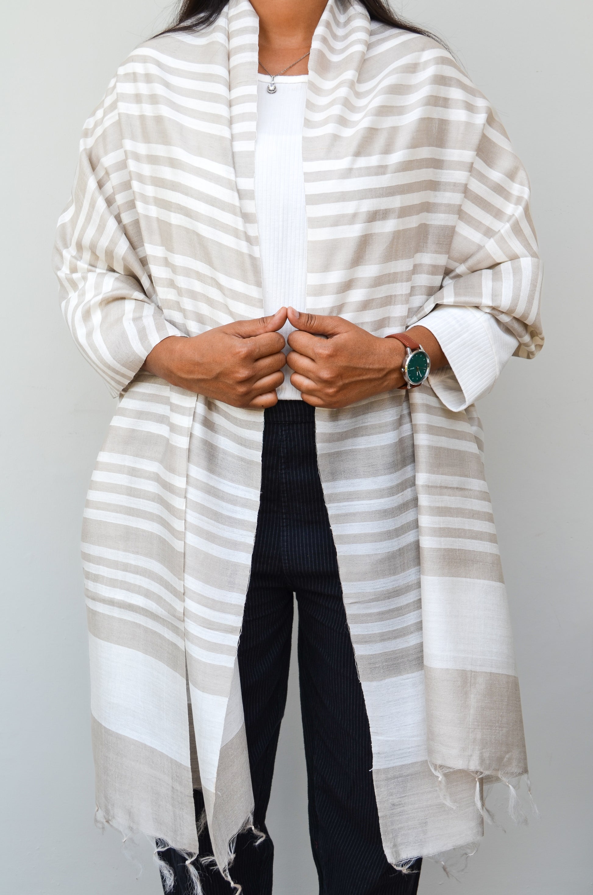 Unisex Gray Fine Striped Handwoven Cotton Silk Stole