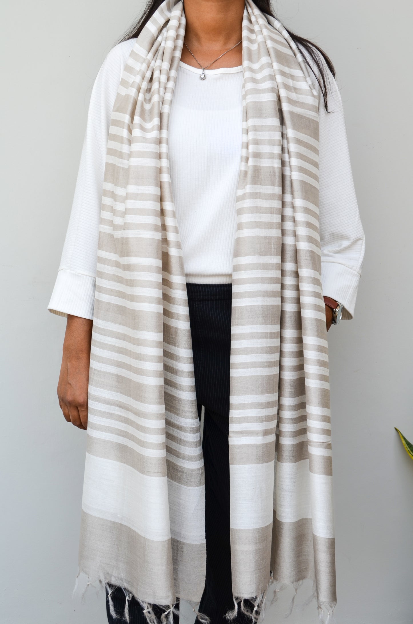 Unisex Gray Fine Striped Handwoven Cotton Silk Stole