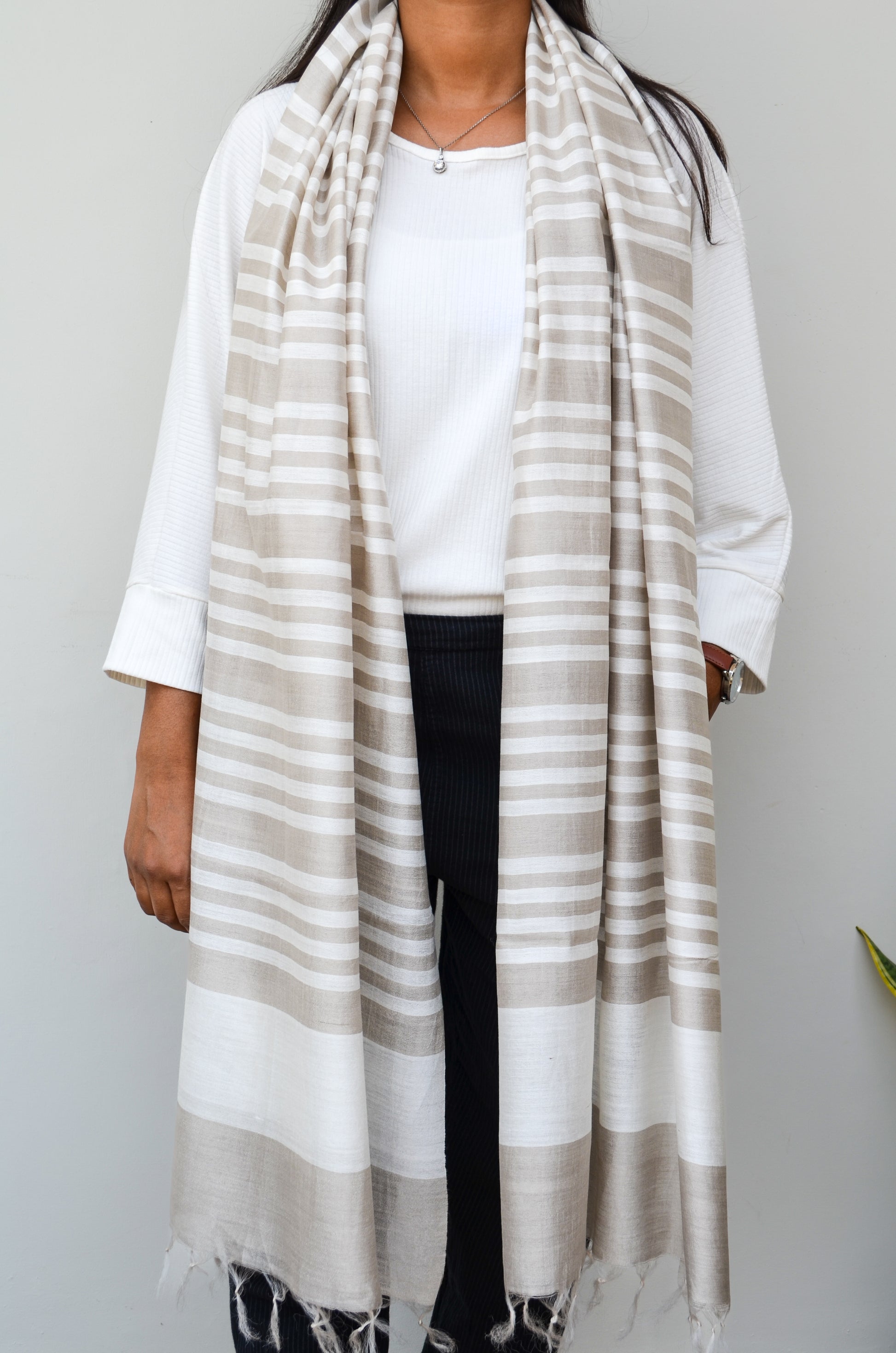 Unisex Gray Fine Striped Handwoven Cotton Silk Stole