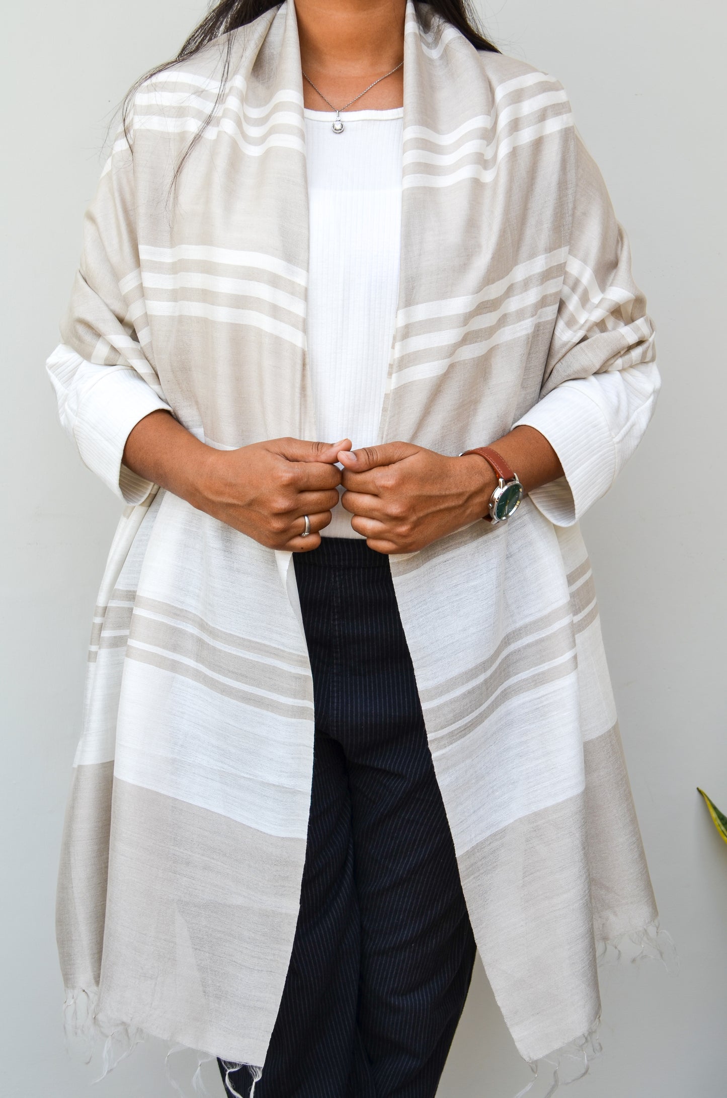 Unisex Gray Offbeat Striped Handwoven Cotton Silk Stole