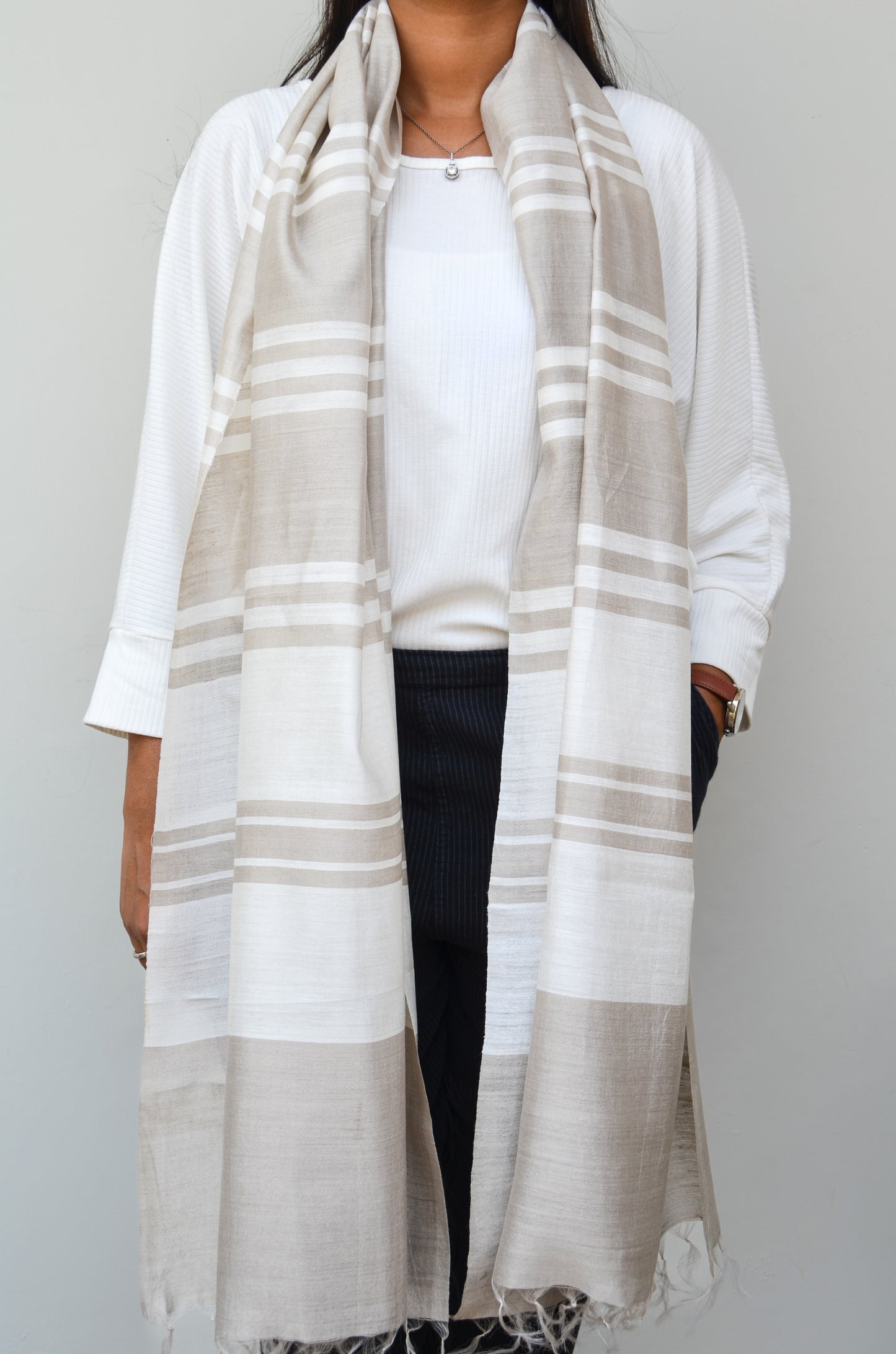 Unisex Gray Offbeat Striped Handwoven Cotton Silk Stole