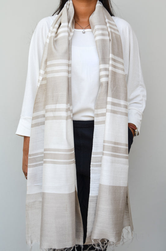 Unisex Gray Offbeat Striped Handwoven Cotton Silk Stole