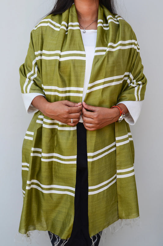 Unisex Olive Green Classic Striped Handwoven Cotton Silk Stole