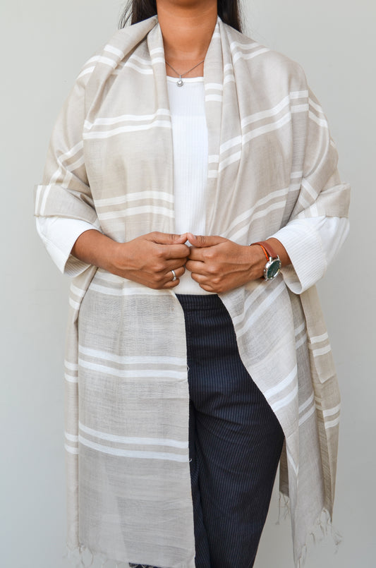 Unisex Gray Classic Striped Handwoven Cotton Silk Stole