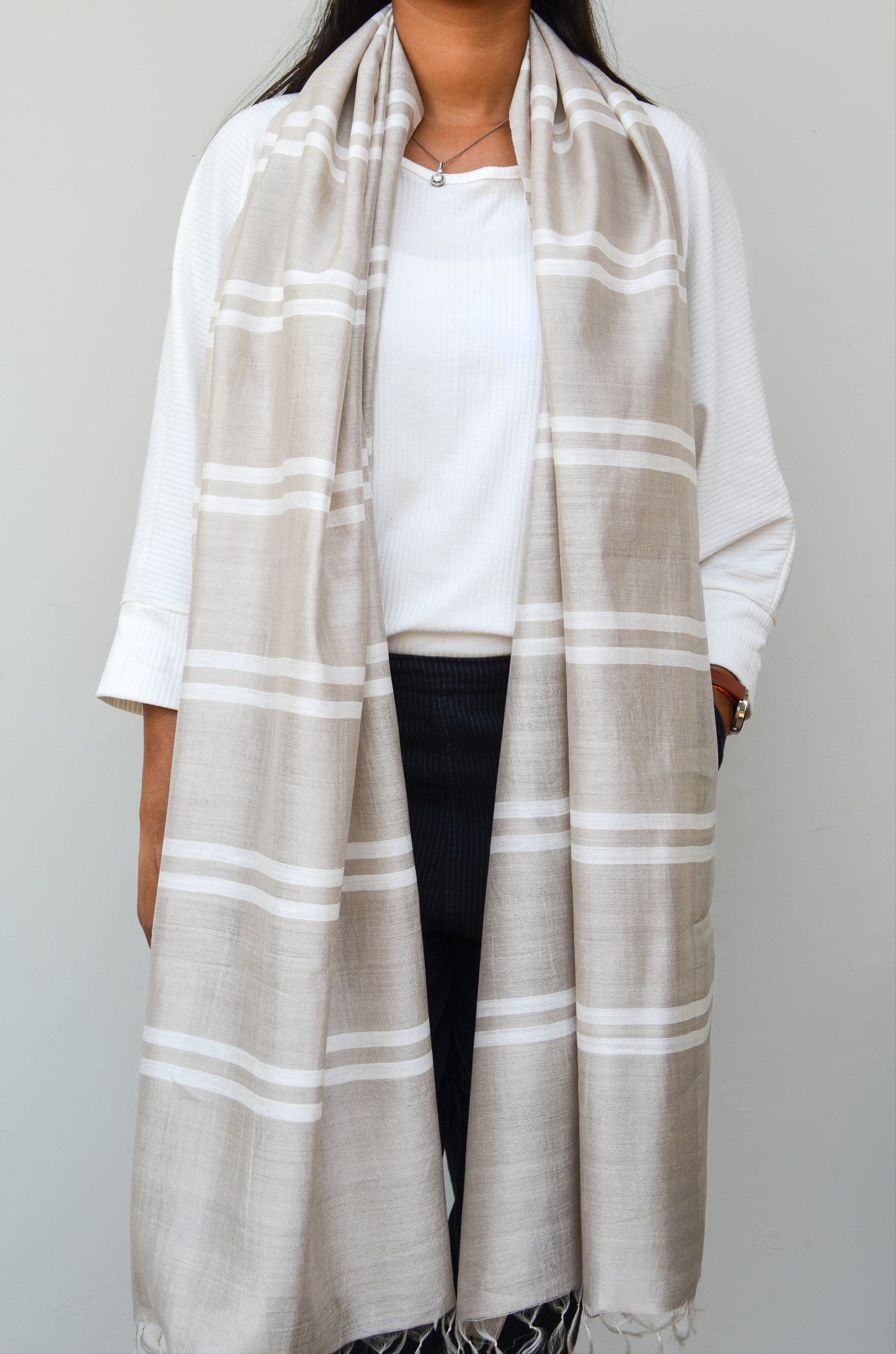 Unisex Gray Classic Striped Handwoven Cotton Silk Stole