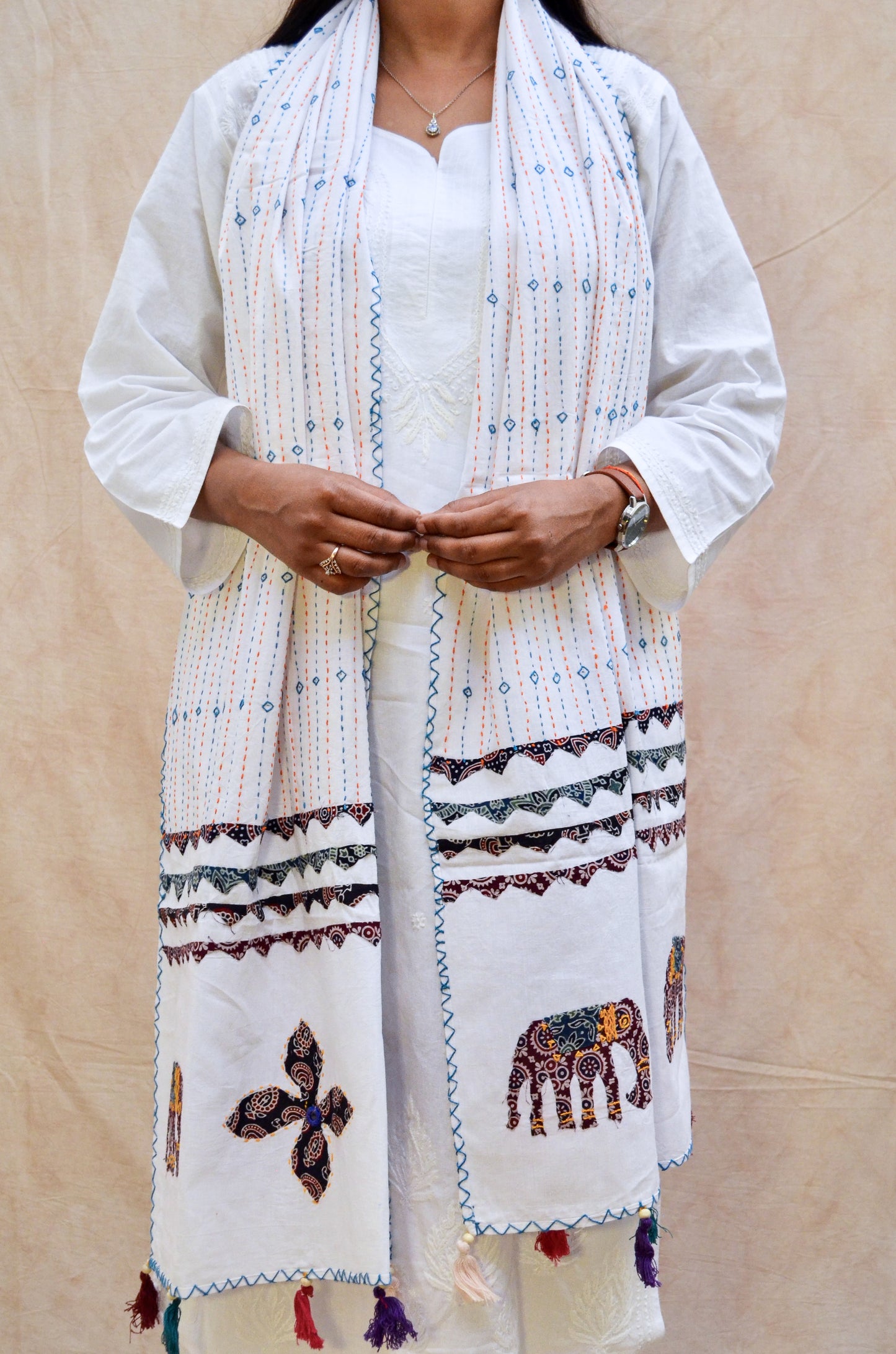 Gaj Sutra - White Patch Work Pure Cotton Ajrakh Stole