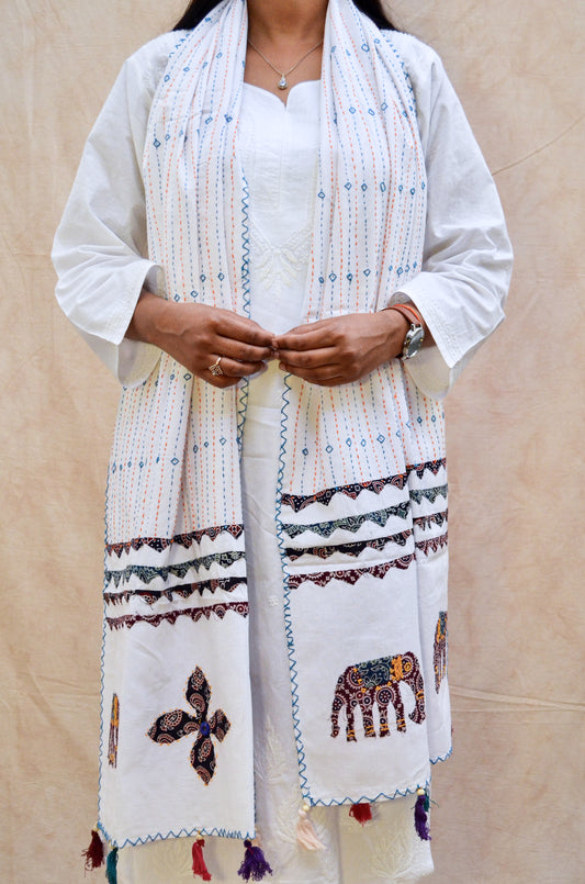 Gaj Sutra - White Patch Work Pure Cotton Ajrakh  Stole