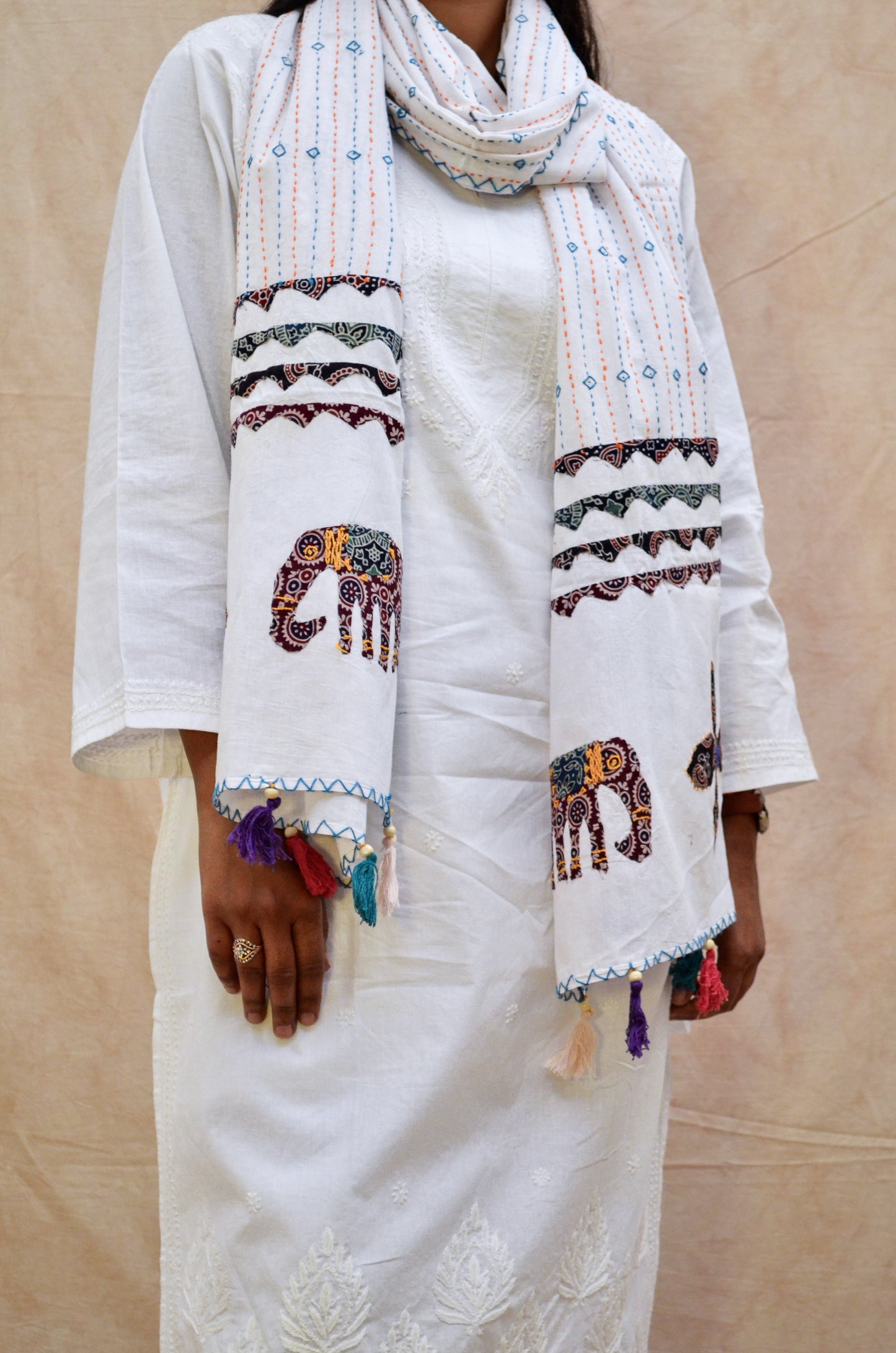 Gaj Sutra - White Patch Work Pure Cotton Ajrakh Stole