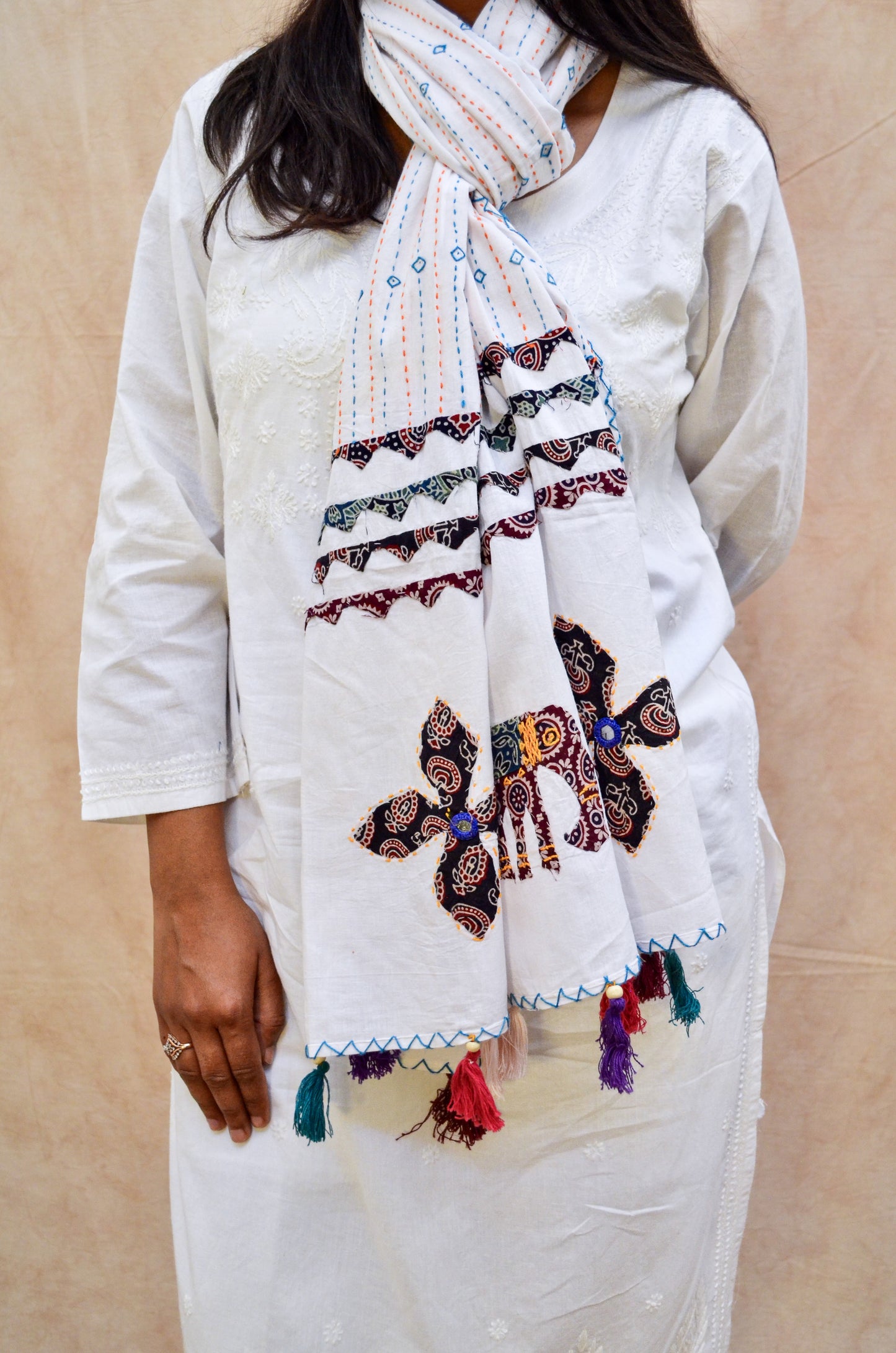 Gaj Sutra - White Patch Work Pure Cotton Ajrakh Stole