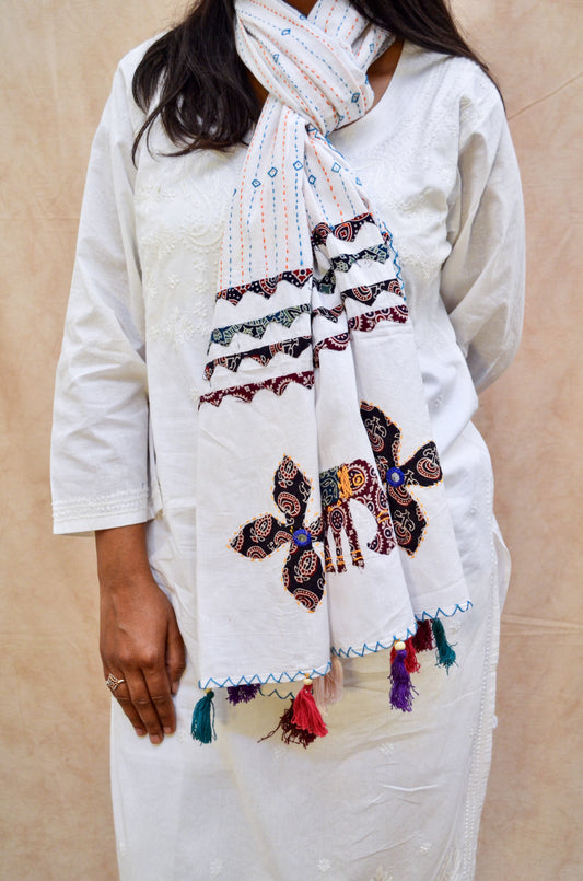 Gaj Sutra - White Patch Work Pure Cotton Ajrakh  Stole