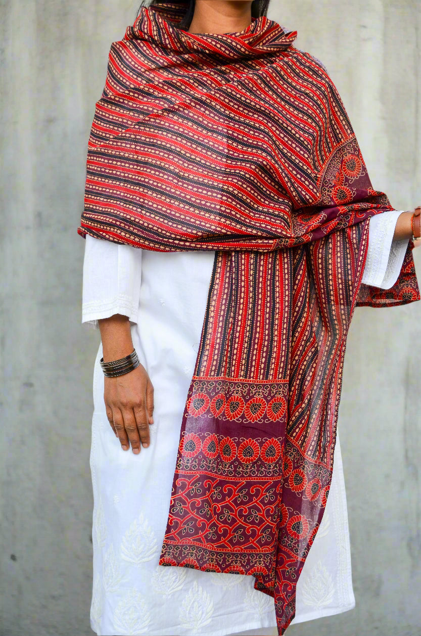 Sutra - Ajrakh Hand Block Printed Pure Cotton Dupatta - Pinaachi