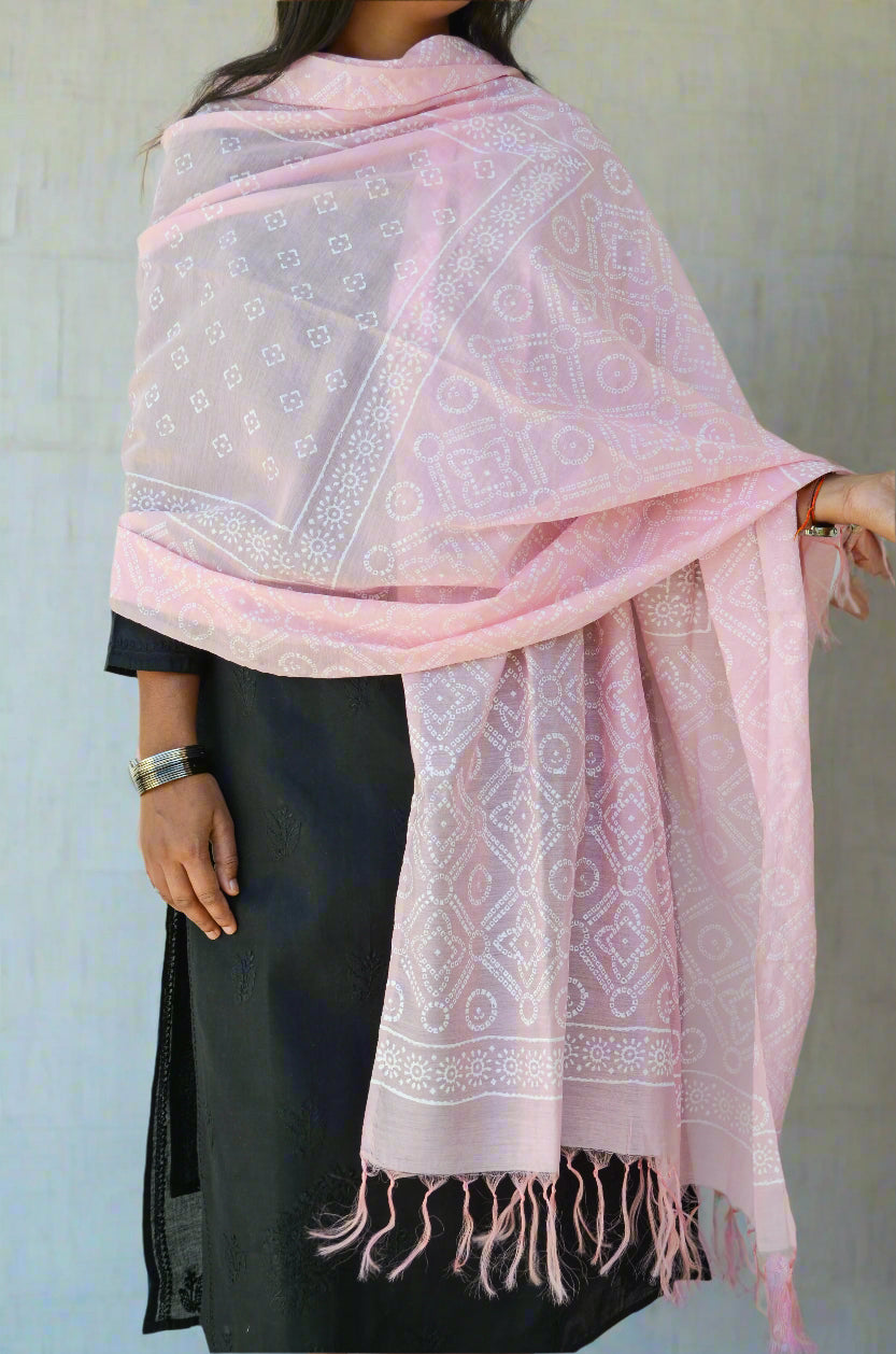 Blush Whispers - Khari Print Handwoven Chanderi Silk Dupatta