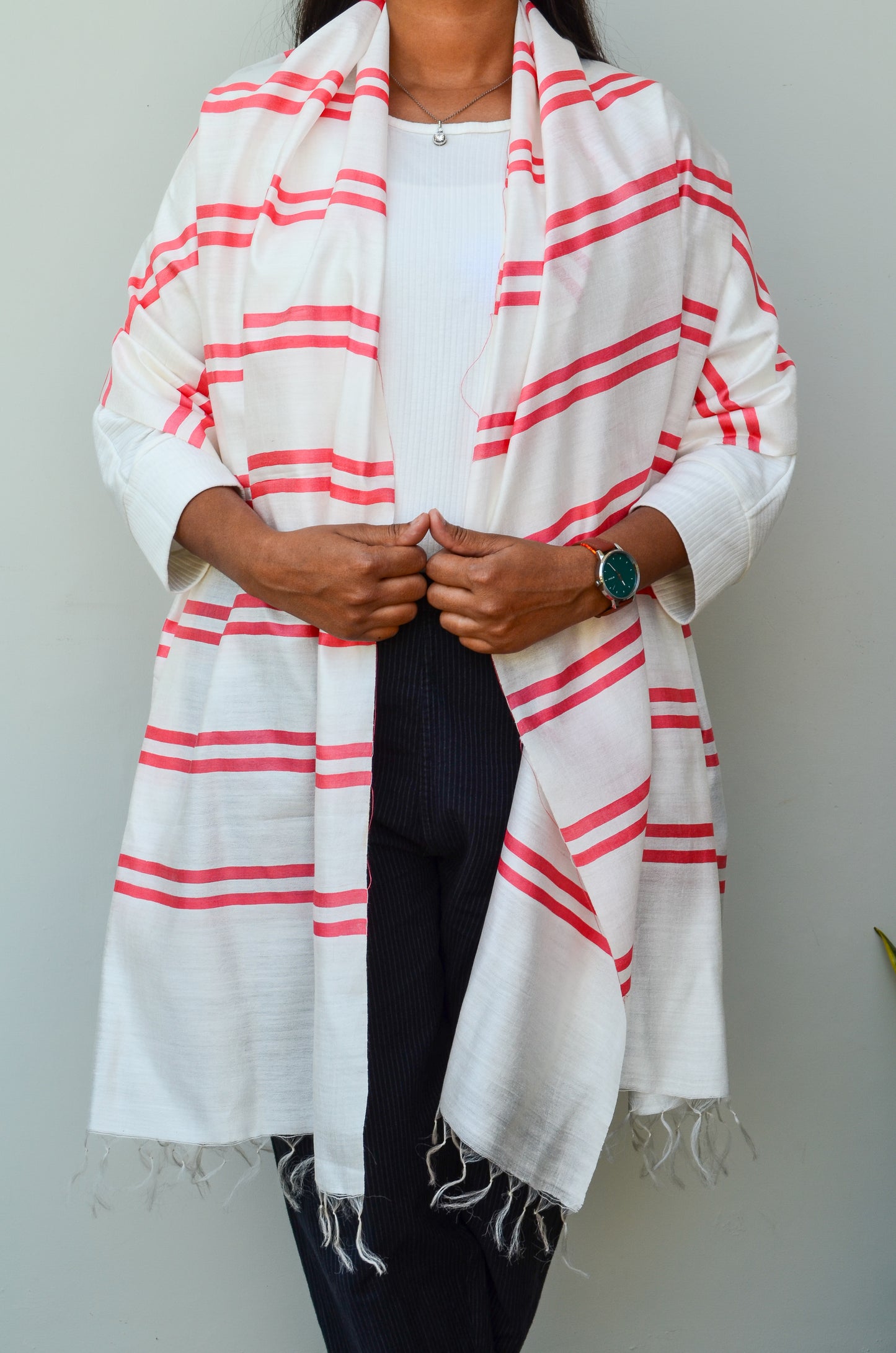 Unisex Coral Pink Striped Handwoven Cotton Silk Stole