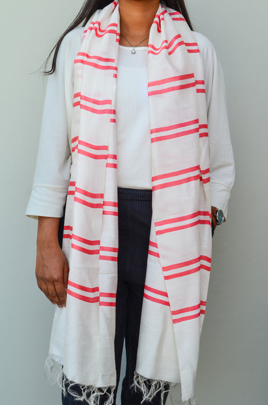 Unisex Coral Pink Striped Handwoven Cotton Silk Stole