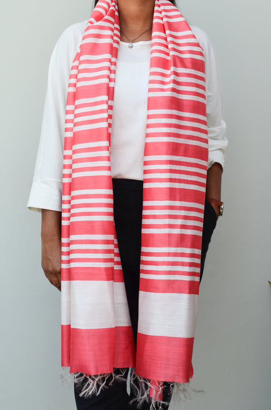 Unisex Coral Pink Fine Striped Handwoven Cotton Silk Stole