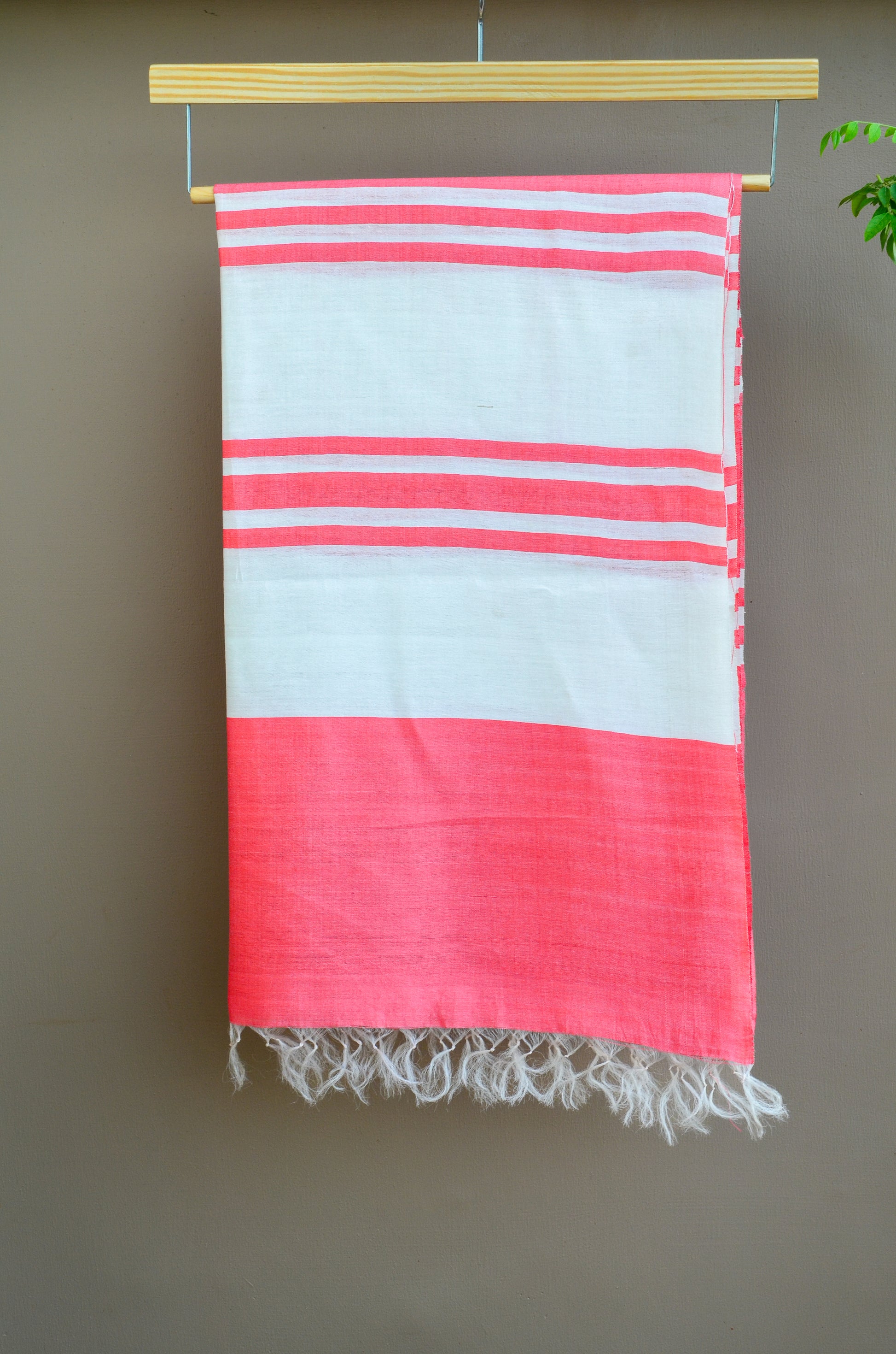 Unisex Coral Pink Offbeat Striped Handwoven Cotton Silk Stole