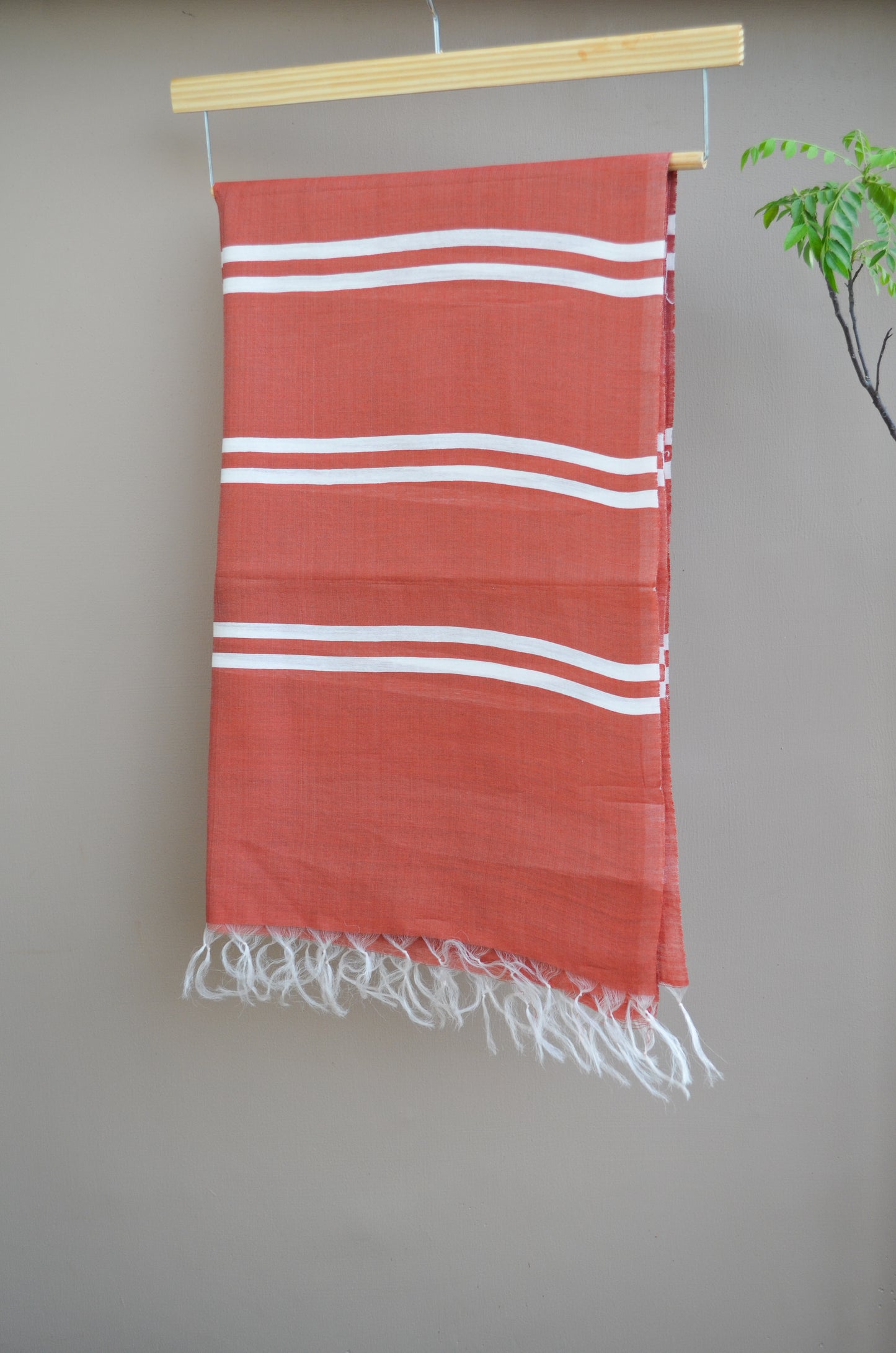 Unisex Brick Red Classic Striped Handwoven Cotton Silk Stole