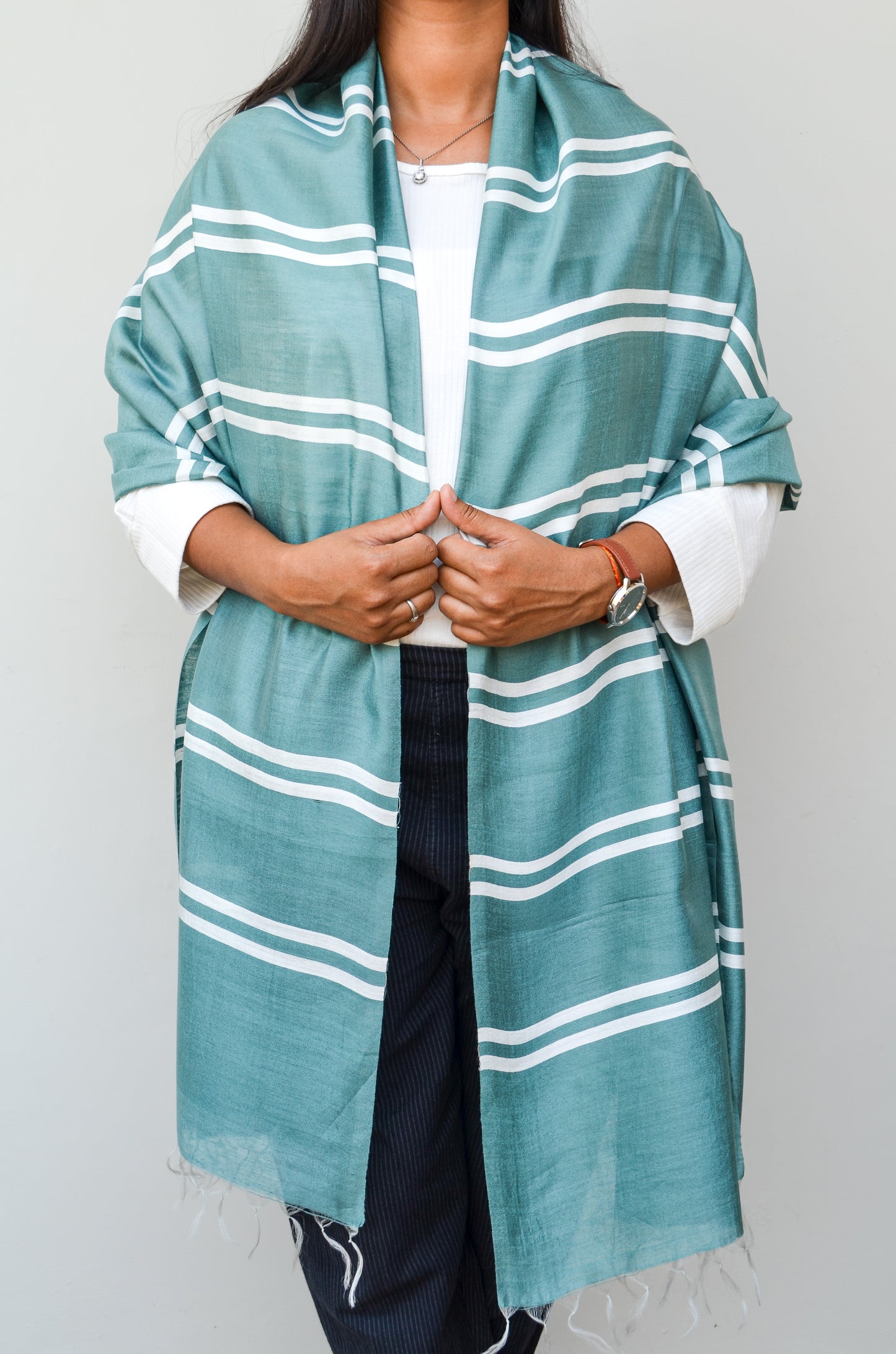 Unisex Mint Green Classic Striped Handwoven Cotton Silk Stole