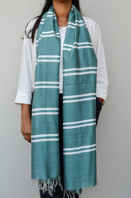 Unisex Mint Green Classic Striped Handwoven Cotton Silk Stole