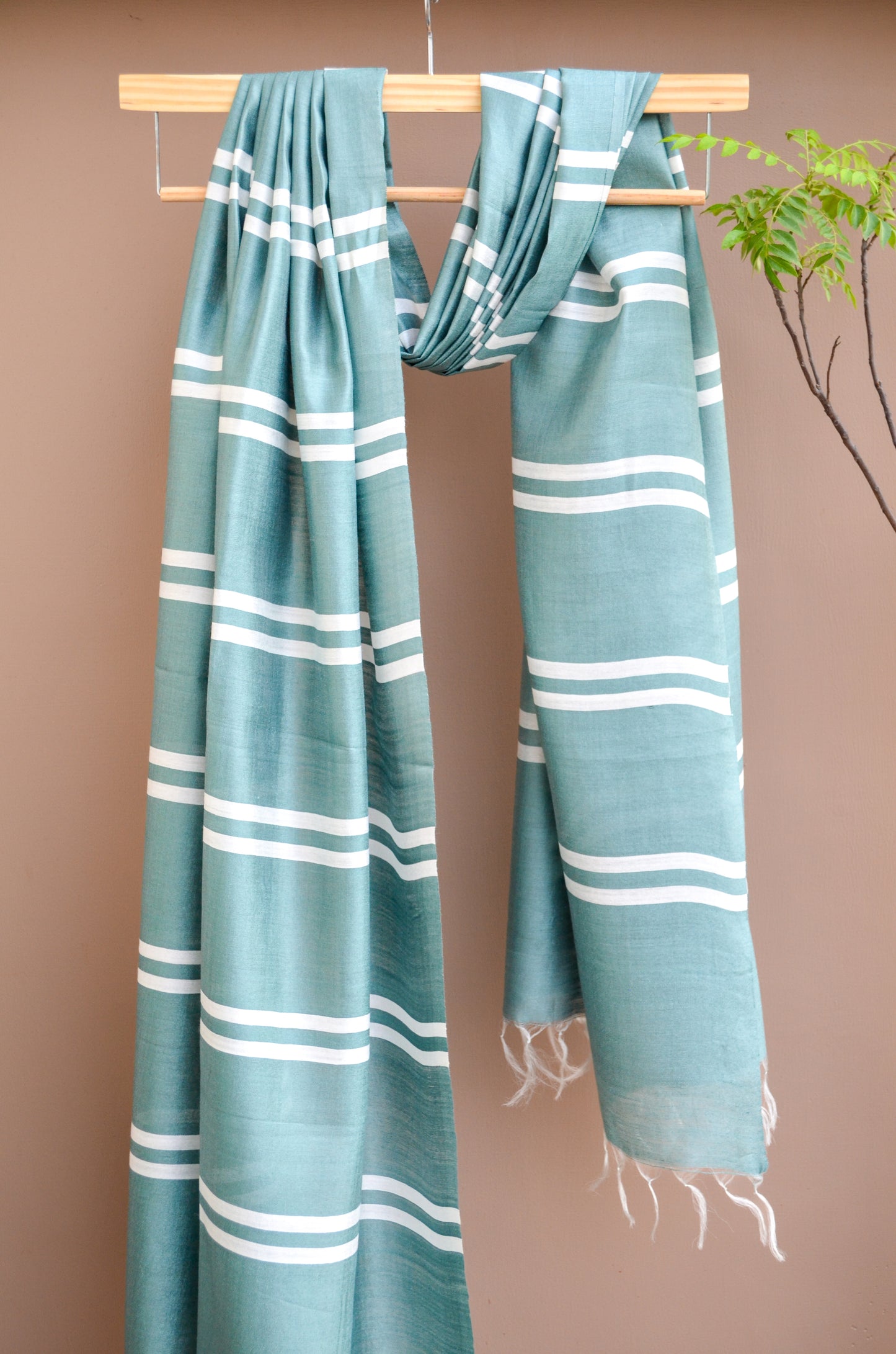 Unisex Mint Green Classic Striped Handwoven Cotton Silk Stole
