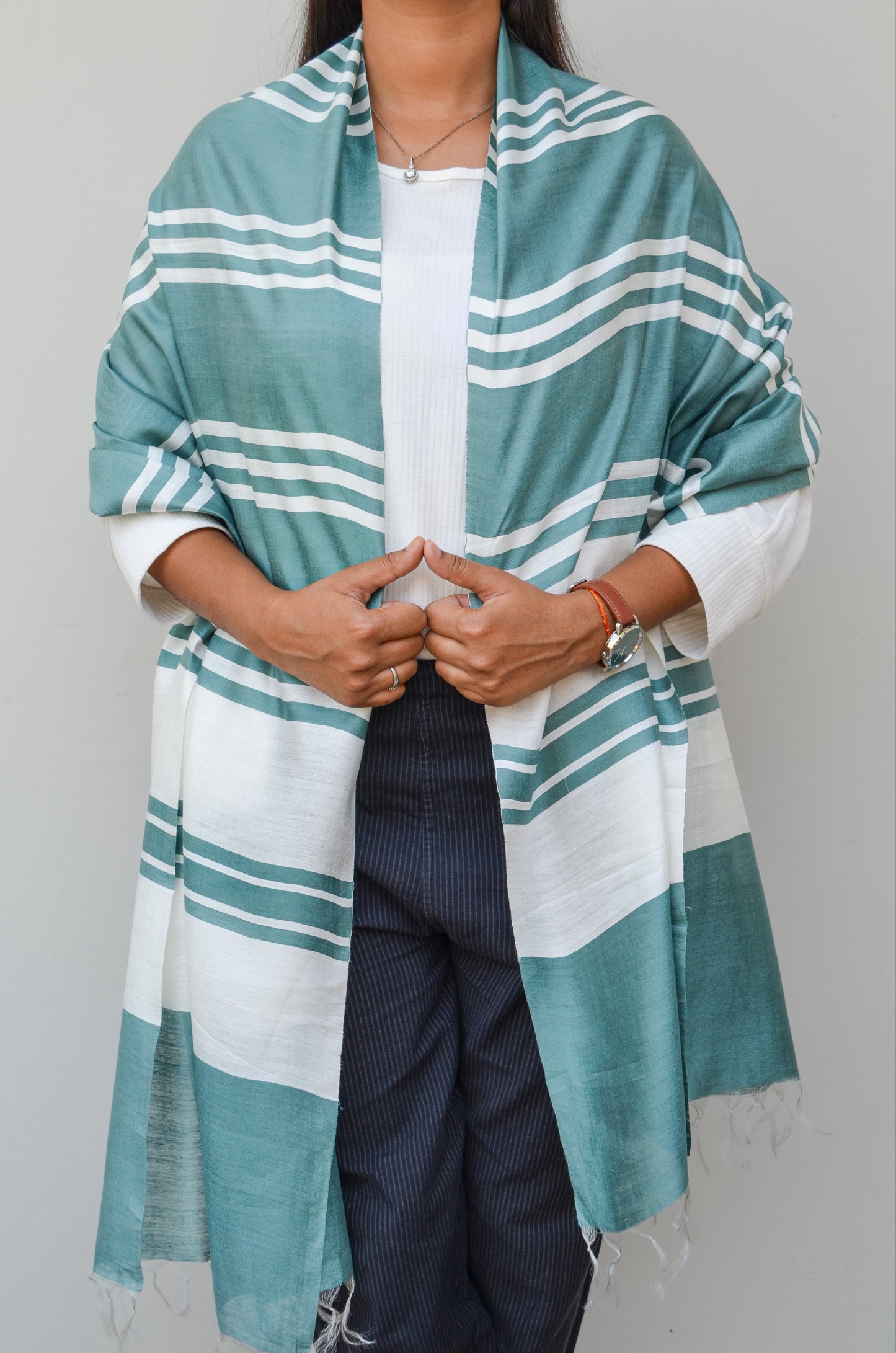 Unisex Mint Green Offbeat Striped Handwoven Cotton Silk Stole