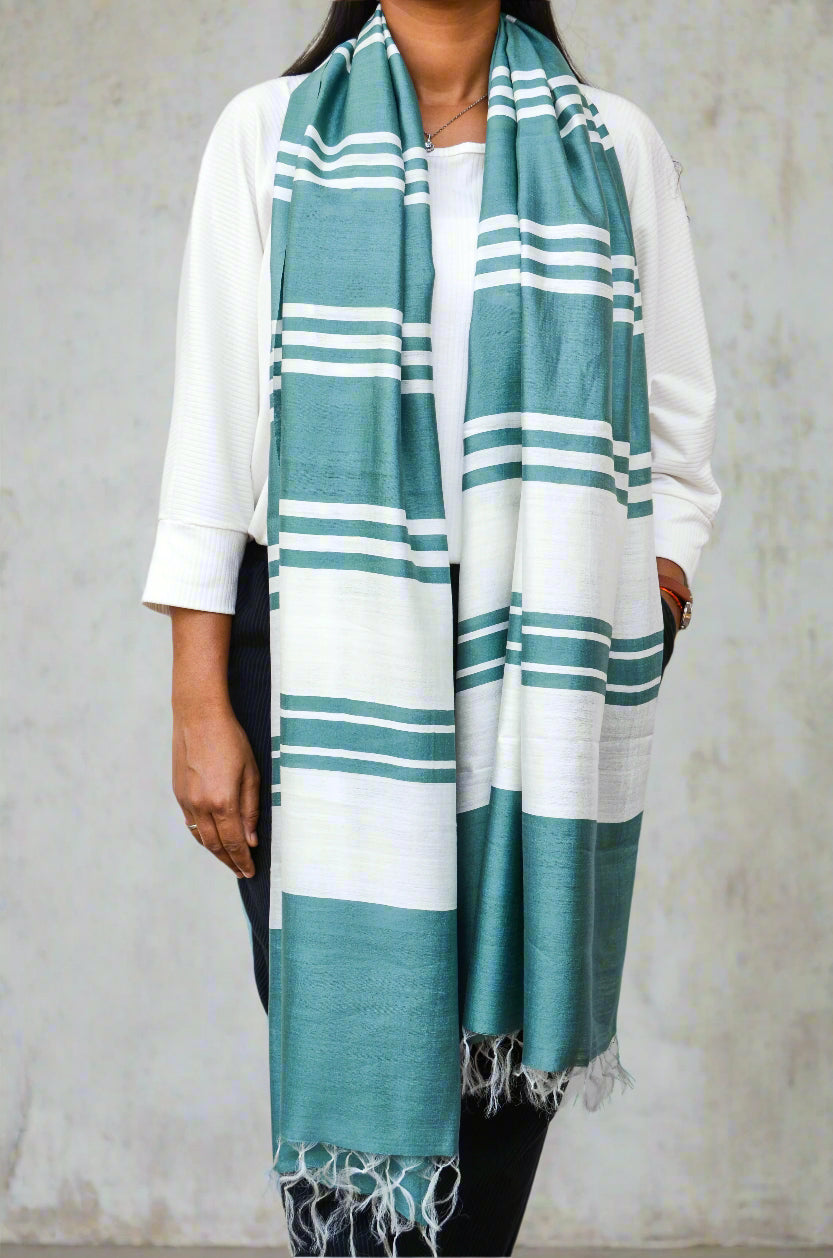 Unisex Mint Green Offbeat Striped Handwoven Cotton Silk Stole