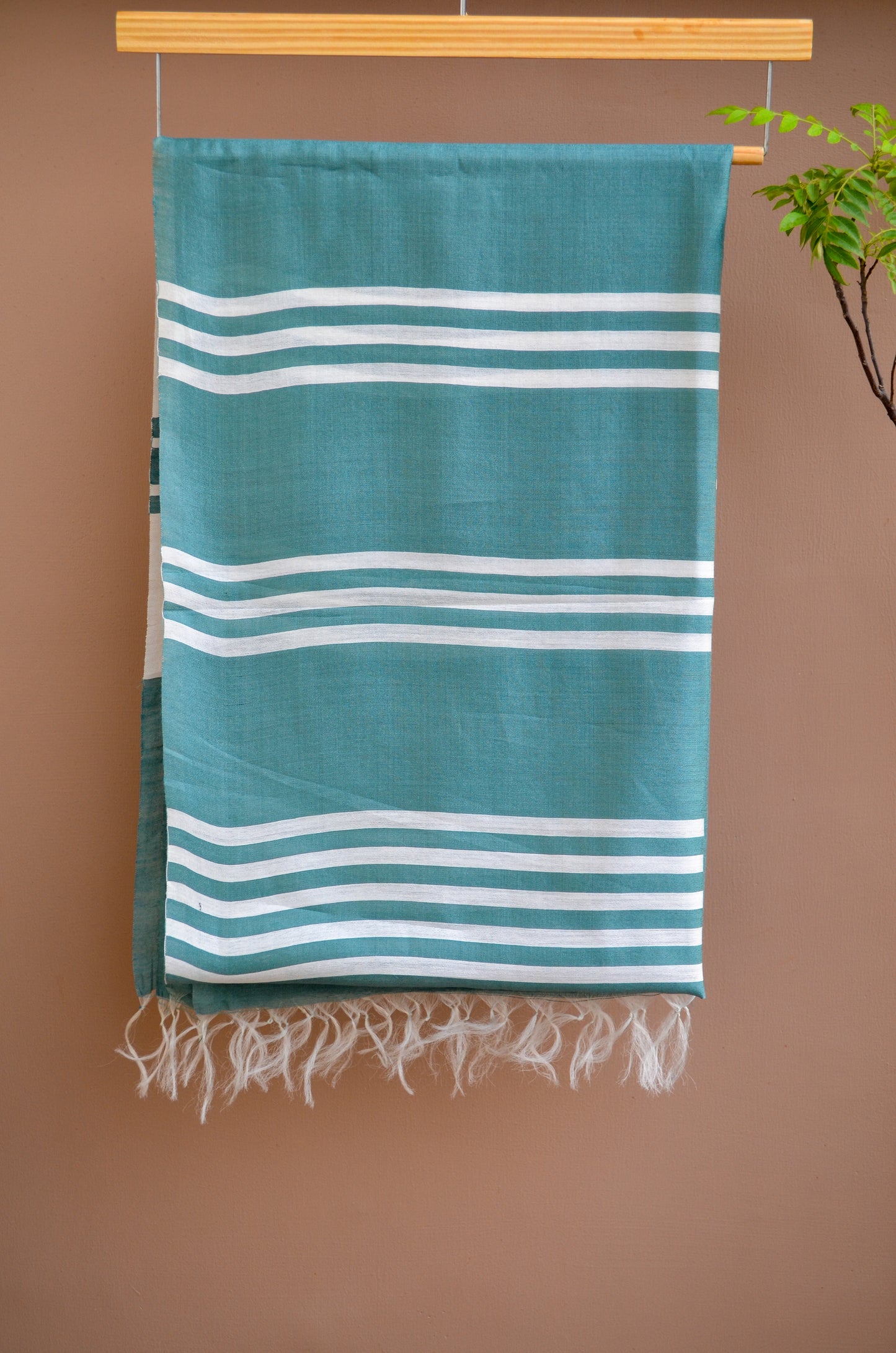Unisex Mint Green Offbeat Striped Handwoven Cotton Silk Stole