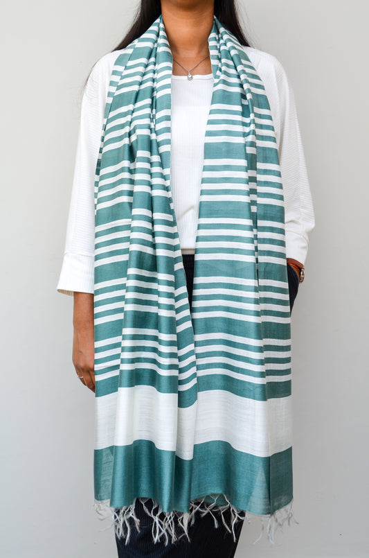 Unisex Mint Green Fine Striped Handwoven Cotton Silk Stole
