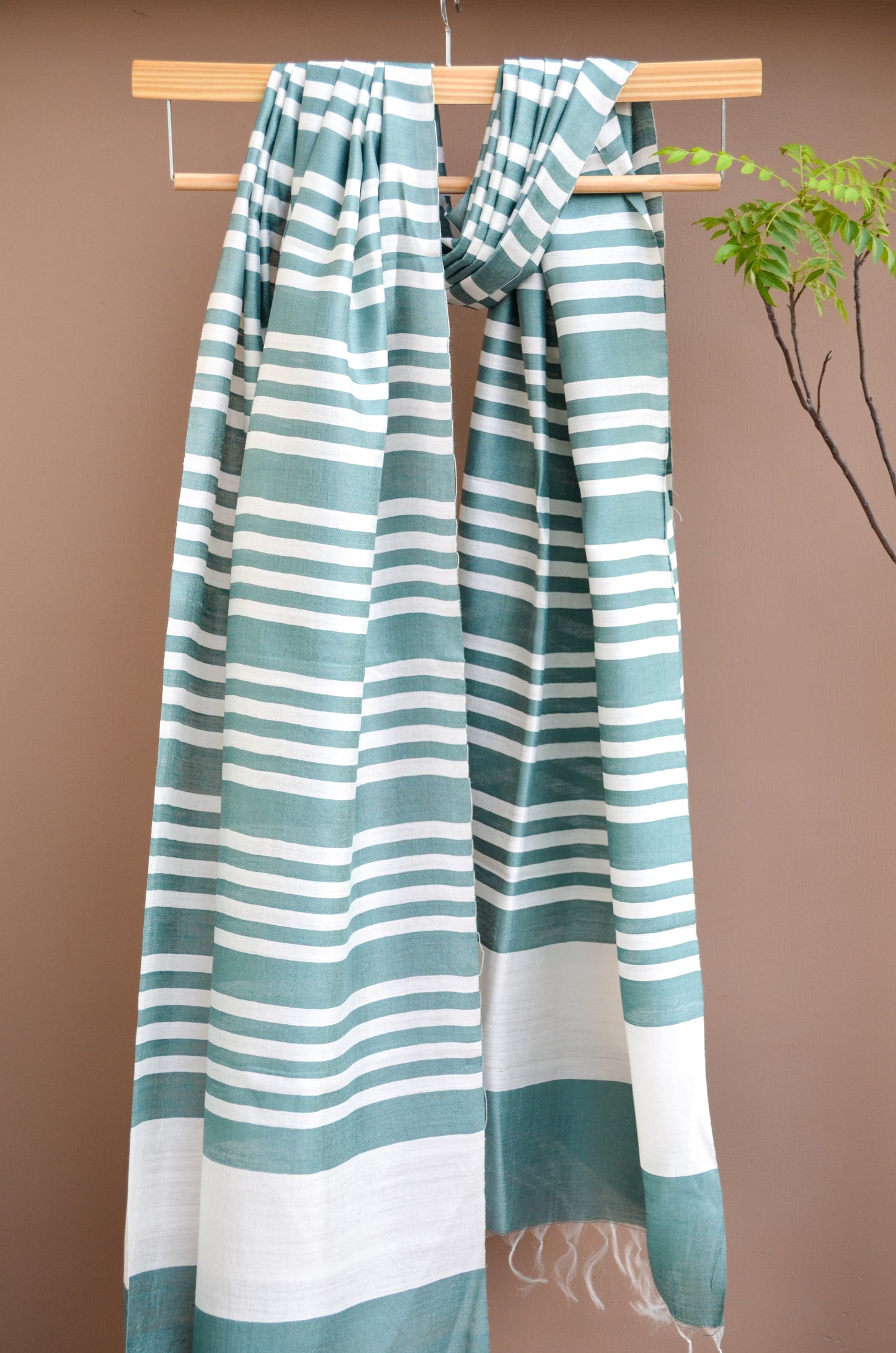 Unisex Mint Green Fine Striped Handwoven Cotton Silk Stole
