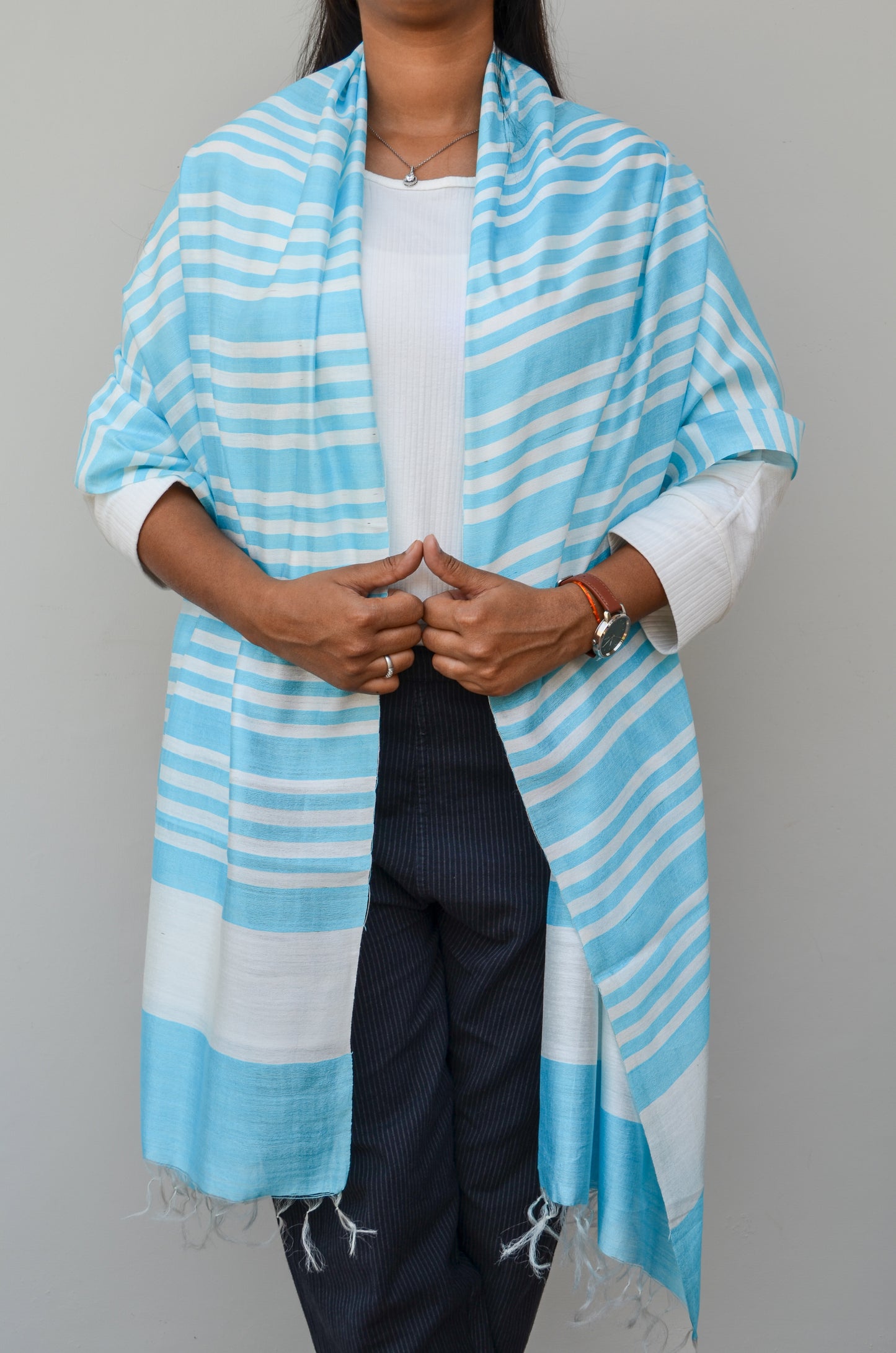 Unisex Powder Blue Fine Striped Handwoven Cotton Silk Stole