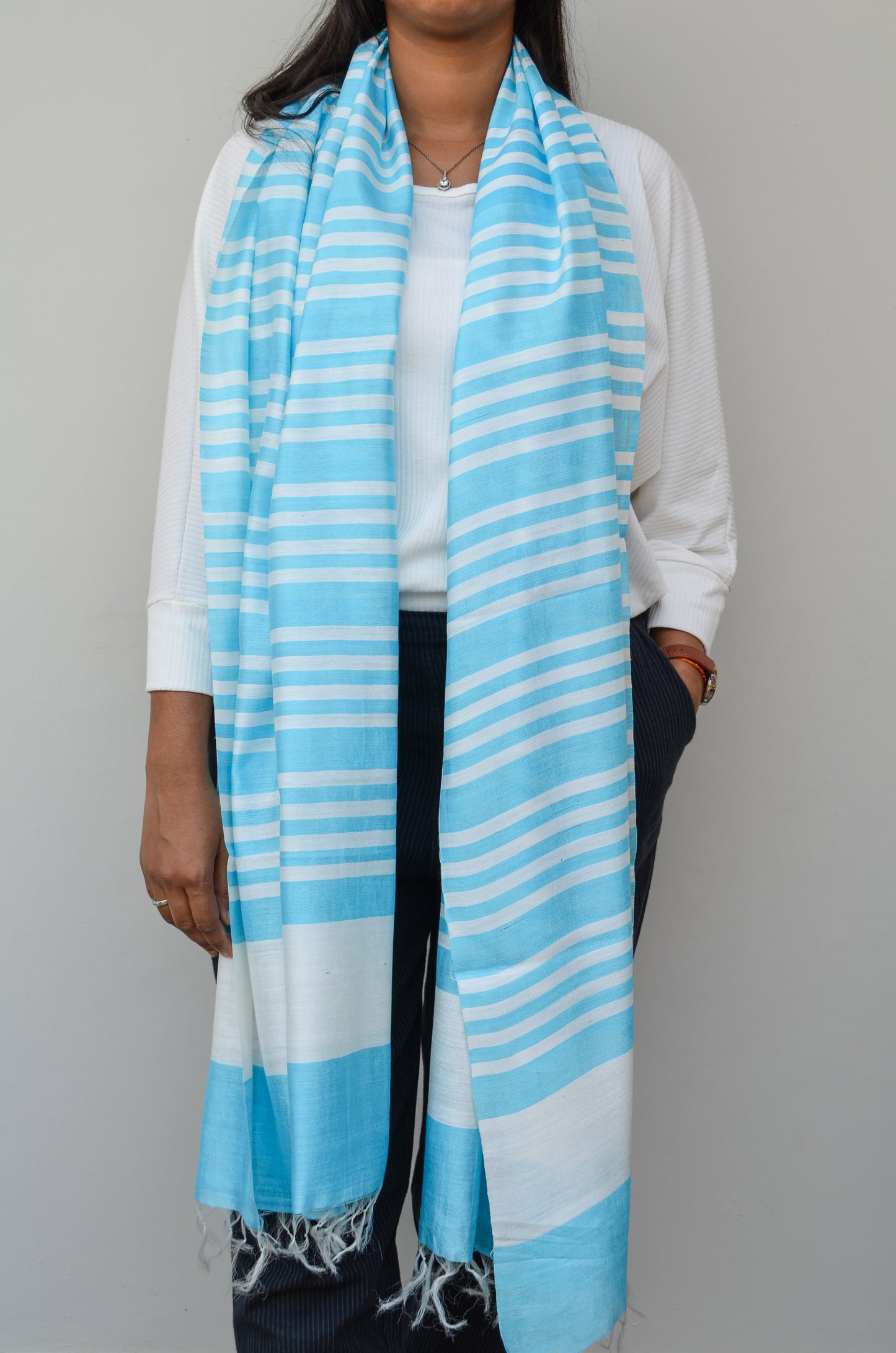 Unisex Powder Blue Fine Striped Handwoven Cotton Silk Stole