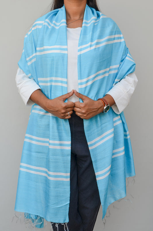 Unisex Powder Blue Classic Striped Handwoven Cotton Silk Stole