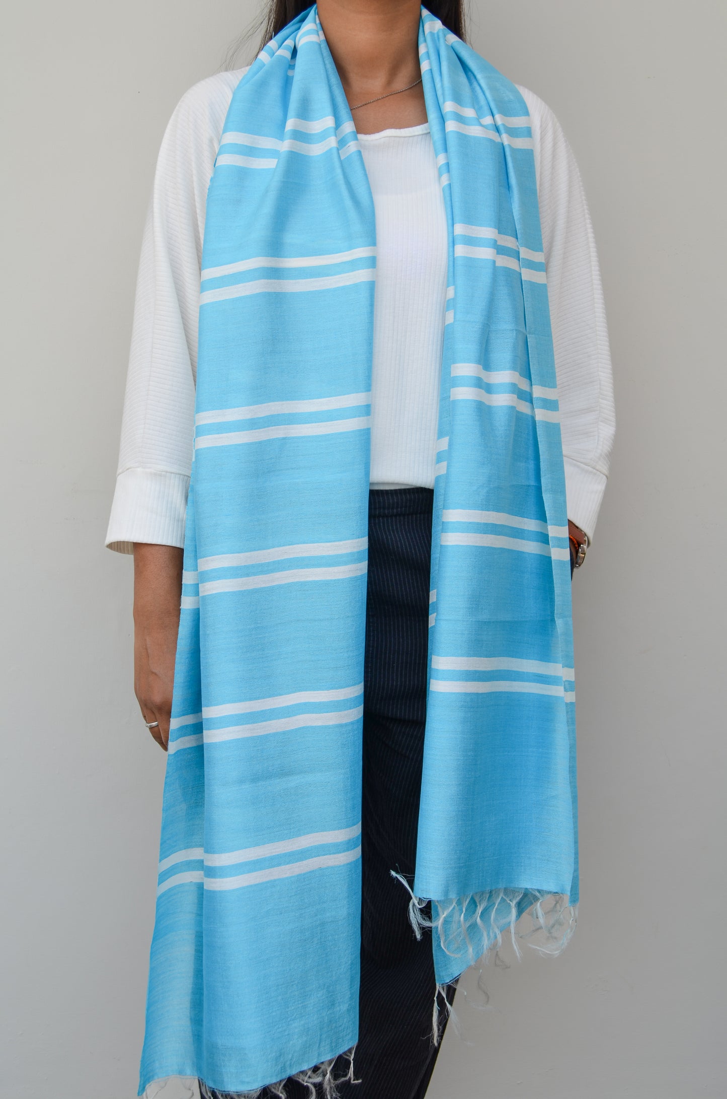 Unisex Powder Blue Classic Striped Handwoven Cotton Silk Stole