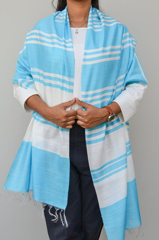Unisex Powder Blue Offbeat Striped Handwoven Cotton Silk Stole