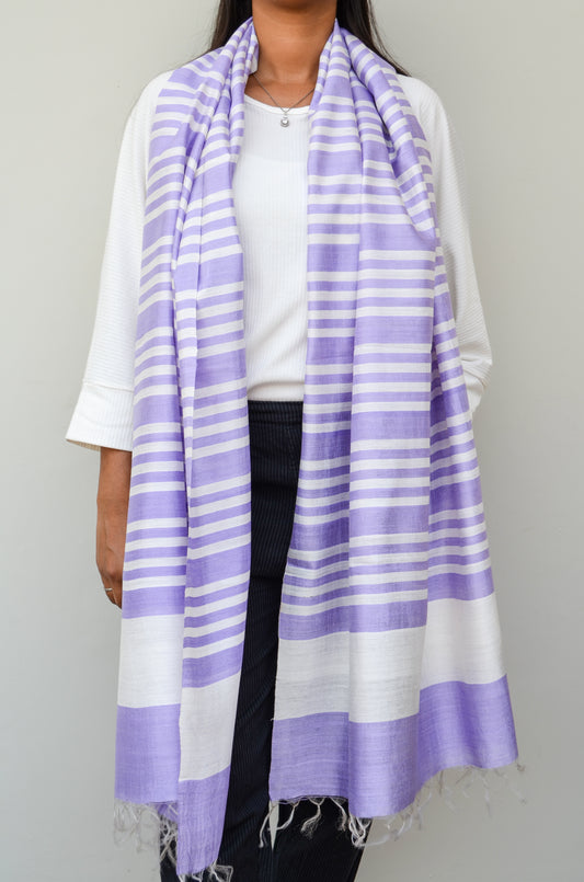 Unisex Lilac Fine Striped Handwoven Cotton Silk Stole