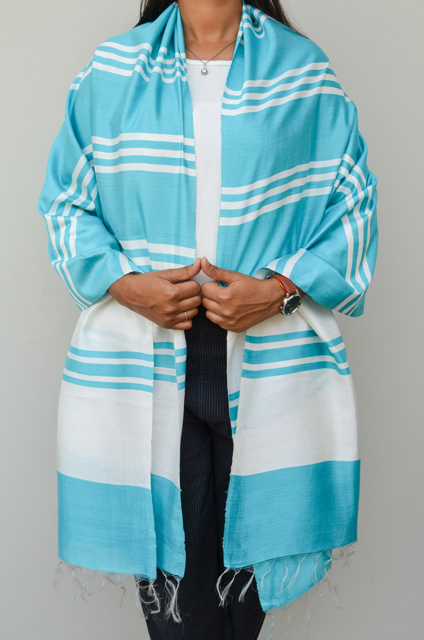 Unisex Aqua Offbeat Striped Handwoven Cotton Silk Stole