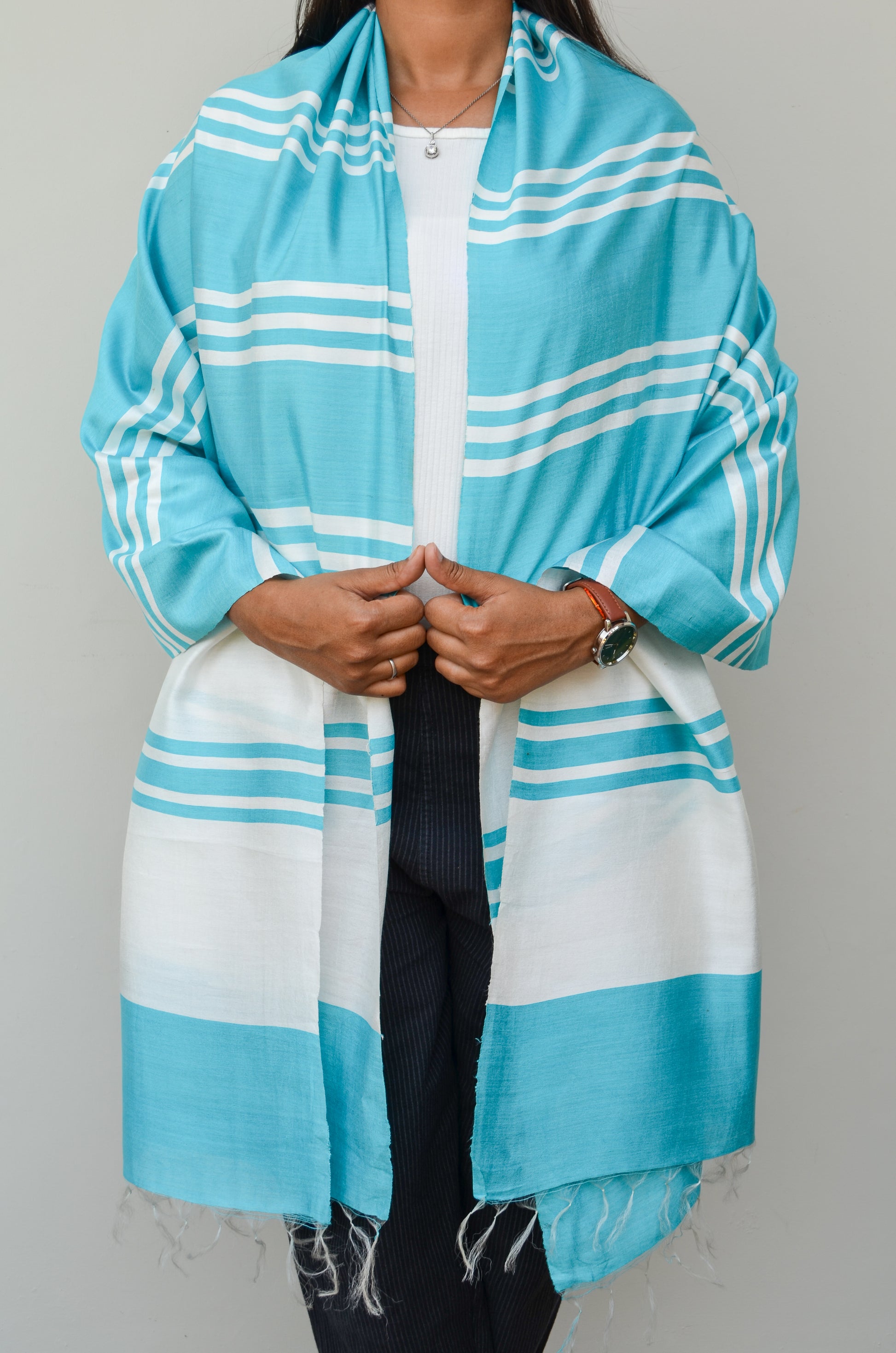 Unisex Aqua Offbeat Striped Handwoven Cotton Silk Stole
