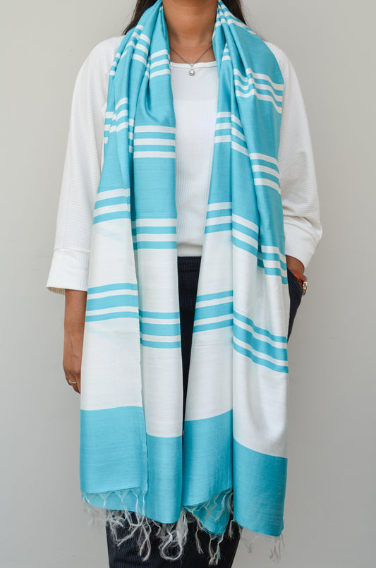 Unisex Aqua Offbeat Striped Handwoven Cotton Silk Stole